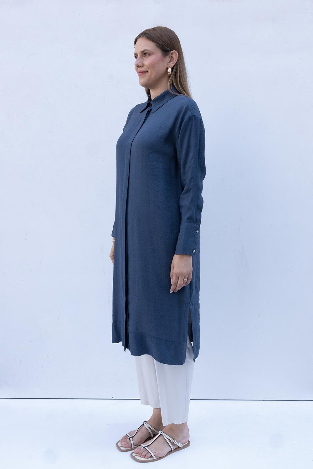 İndigo01-Taş Düğmeli Modal Gömlek Tunik