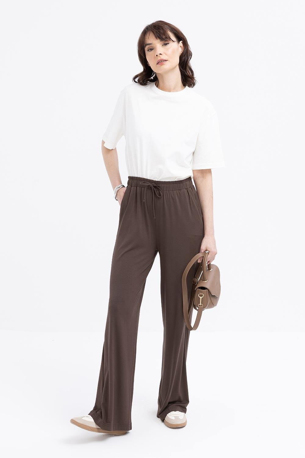 Kahve-Beli Bağcıklı Cepli Geniş Paça Pantolon