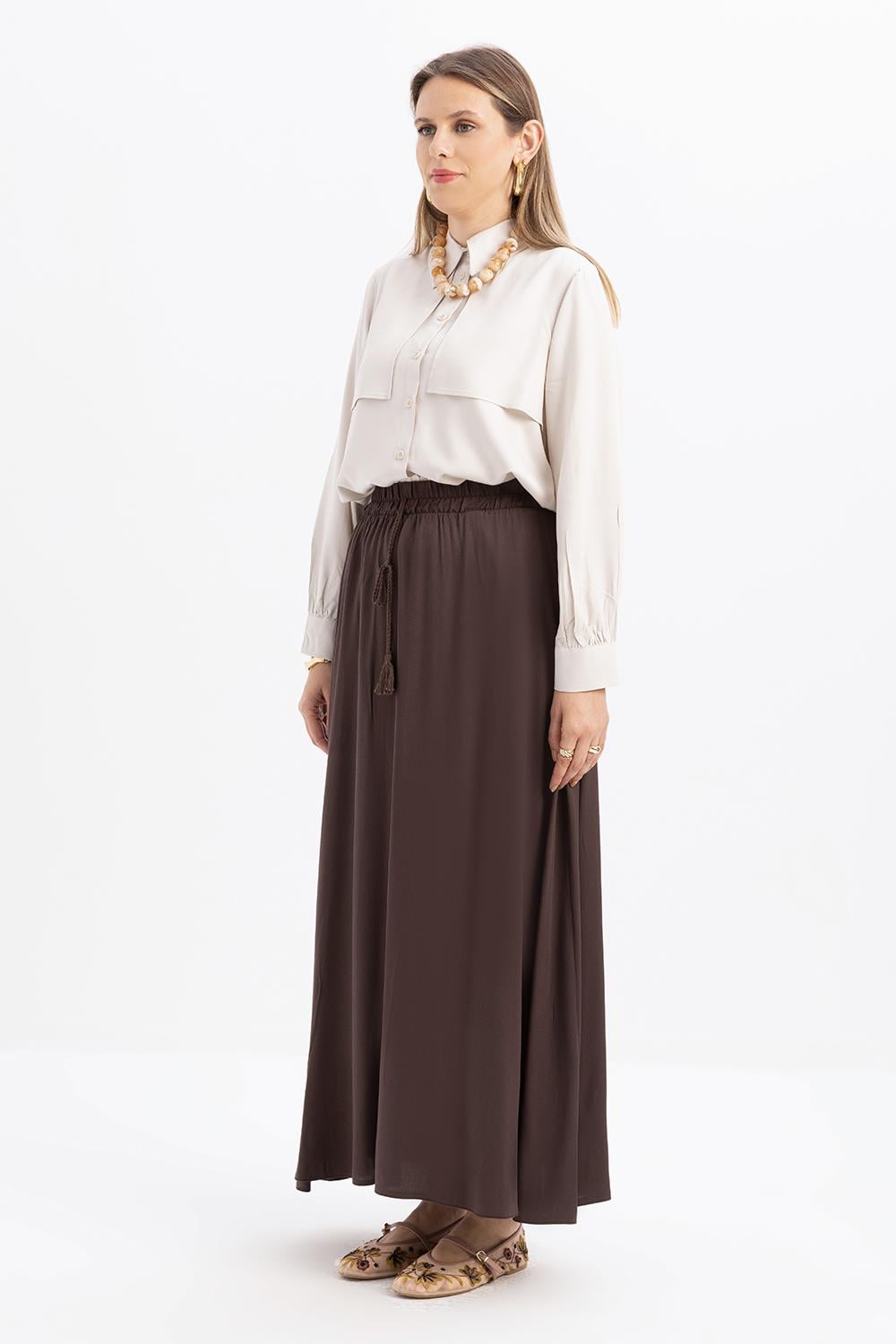 Kahve-Beli Lastikli Fisto Detaylı Etek