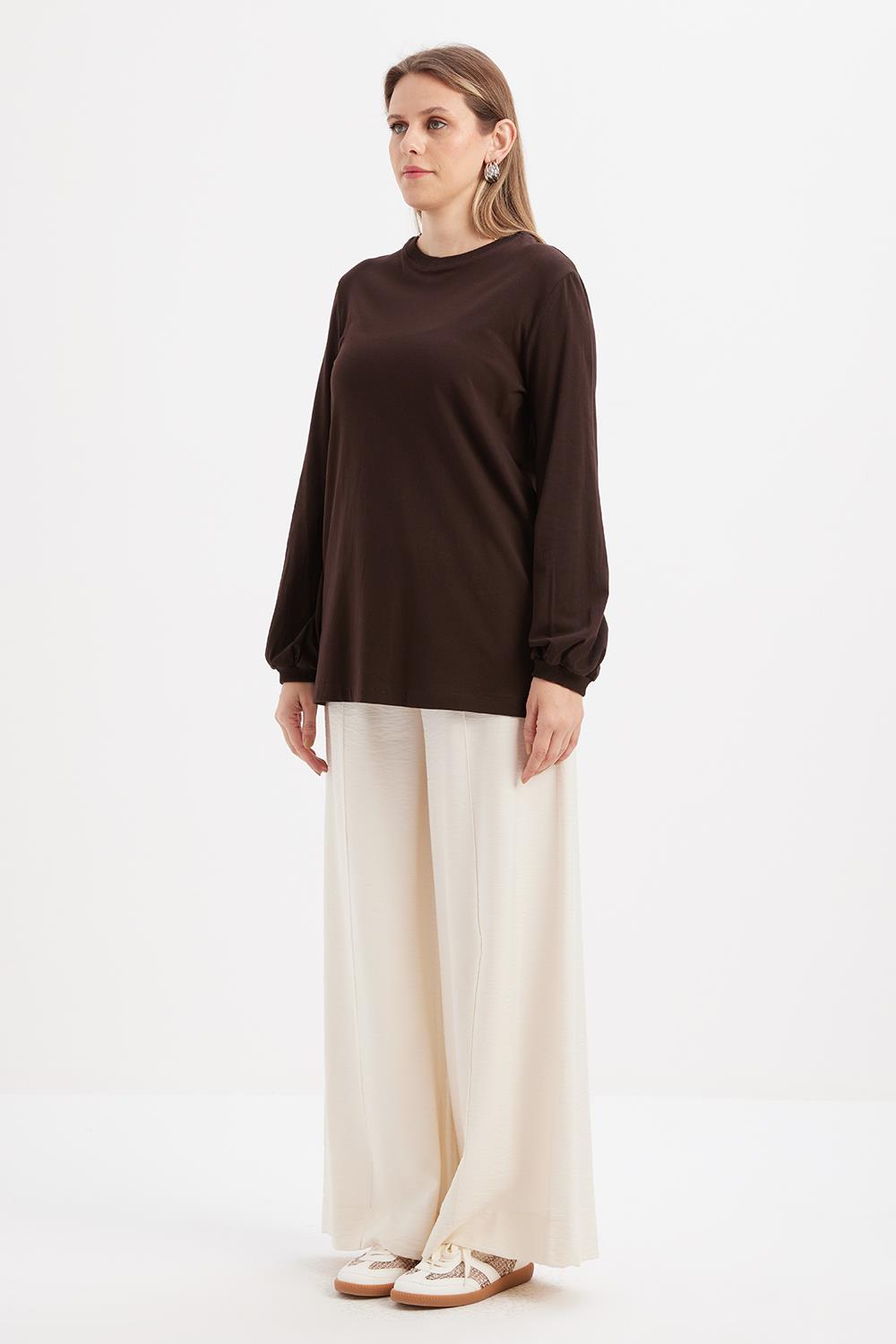 Kahve-Bisiklet Yaka Kol Ucu Büzgülü Likralı Pamuklu Bluz