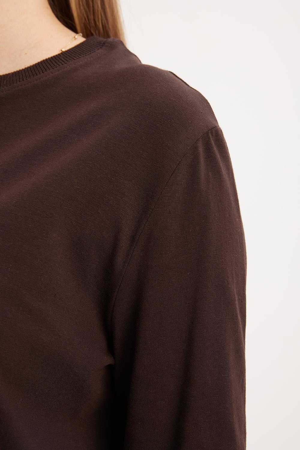 Kahve-Bisiklet Yaka Kol Ucu Büzgülü Likralı Pamuklu Bluz