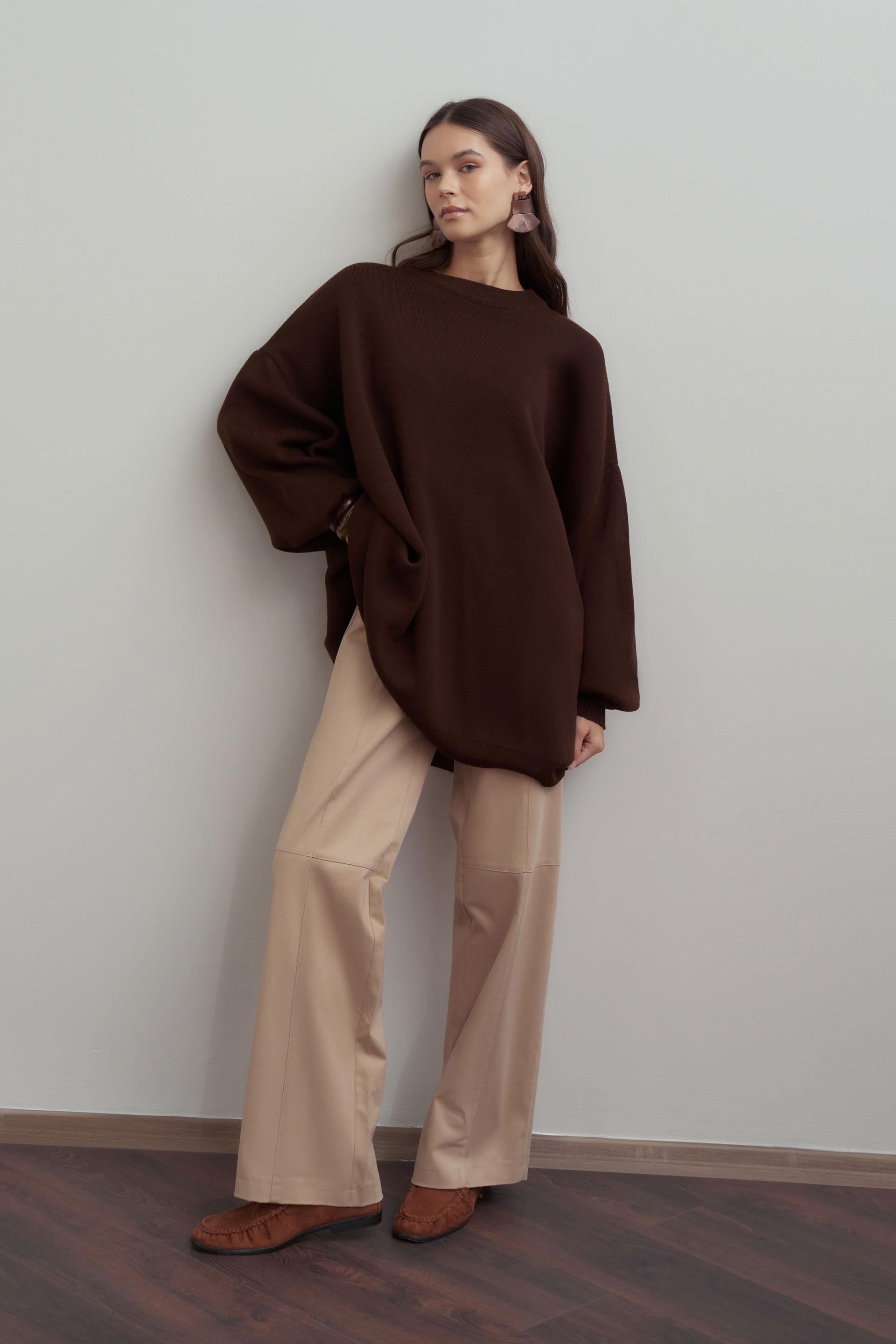 Kahve-Bol Kesim Triko Kazak