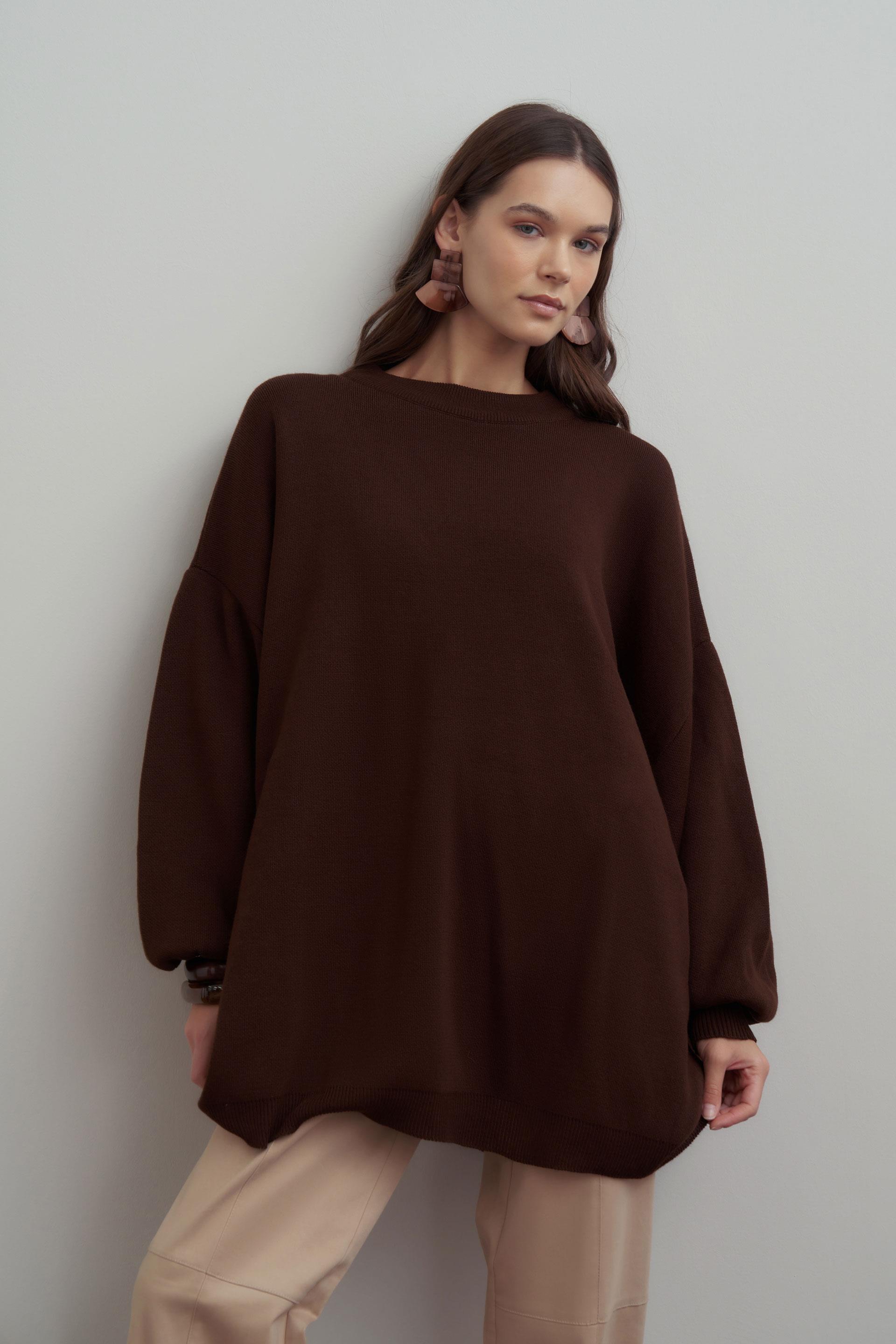 Kahve-Bol Kesim Triko Kazak