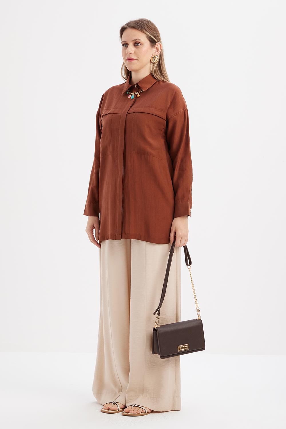 Kahve-Cepli Gizli Patlı Gömlek Tunik
