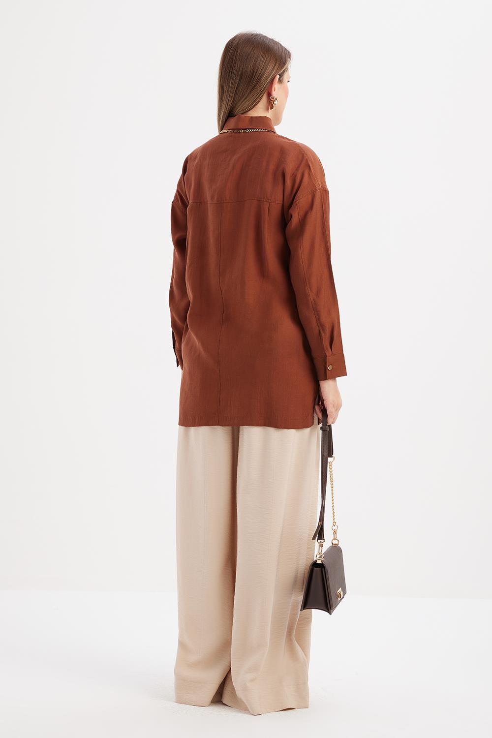 Kahve-Cepli Gizli Patlı Gömlek Tunik