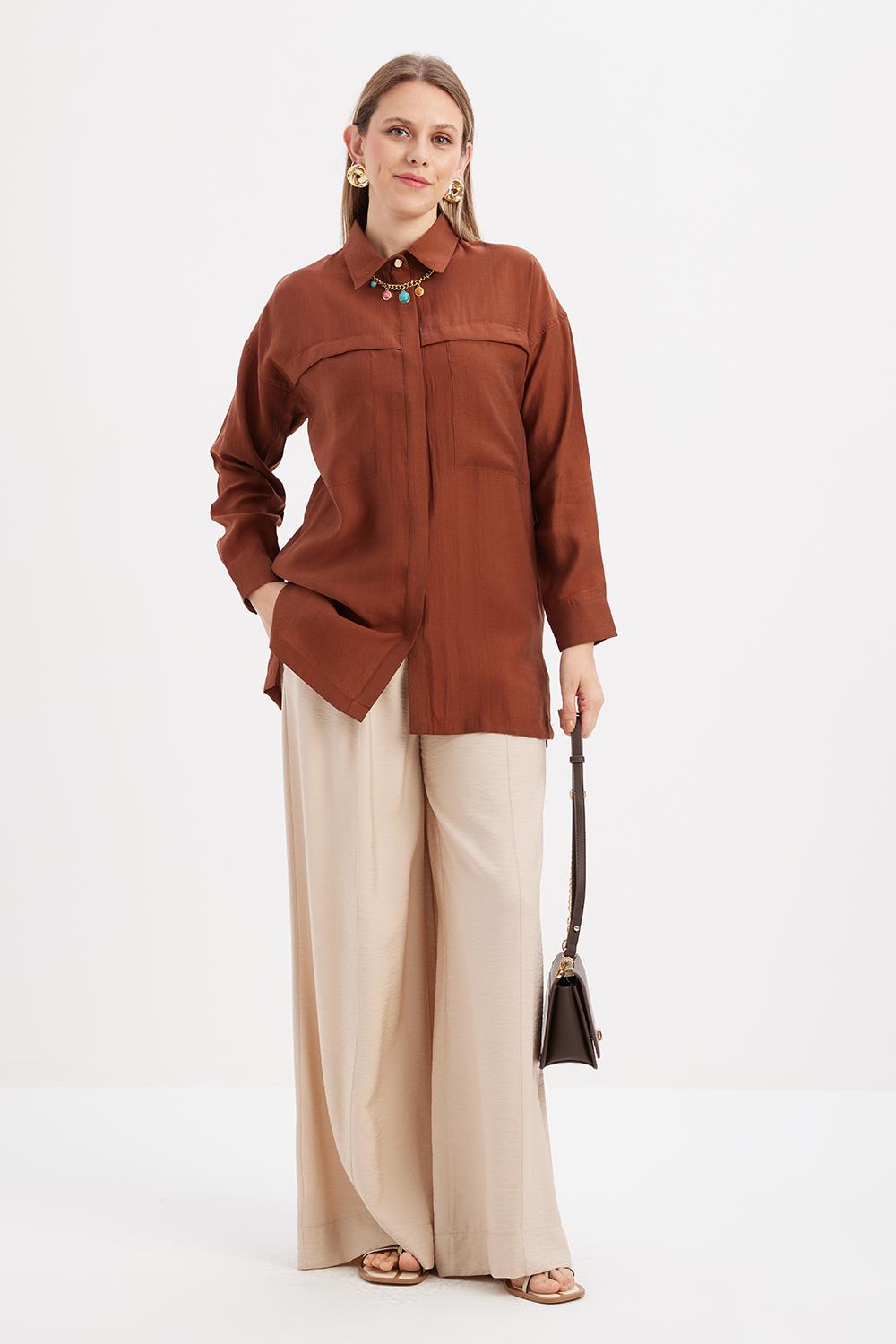Kahve-Cepli Gizli Patlı Gömlek Tunik