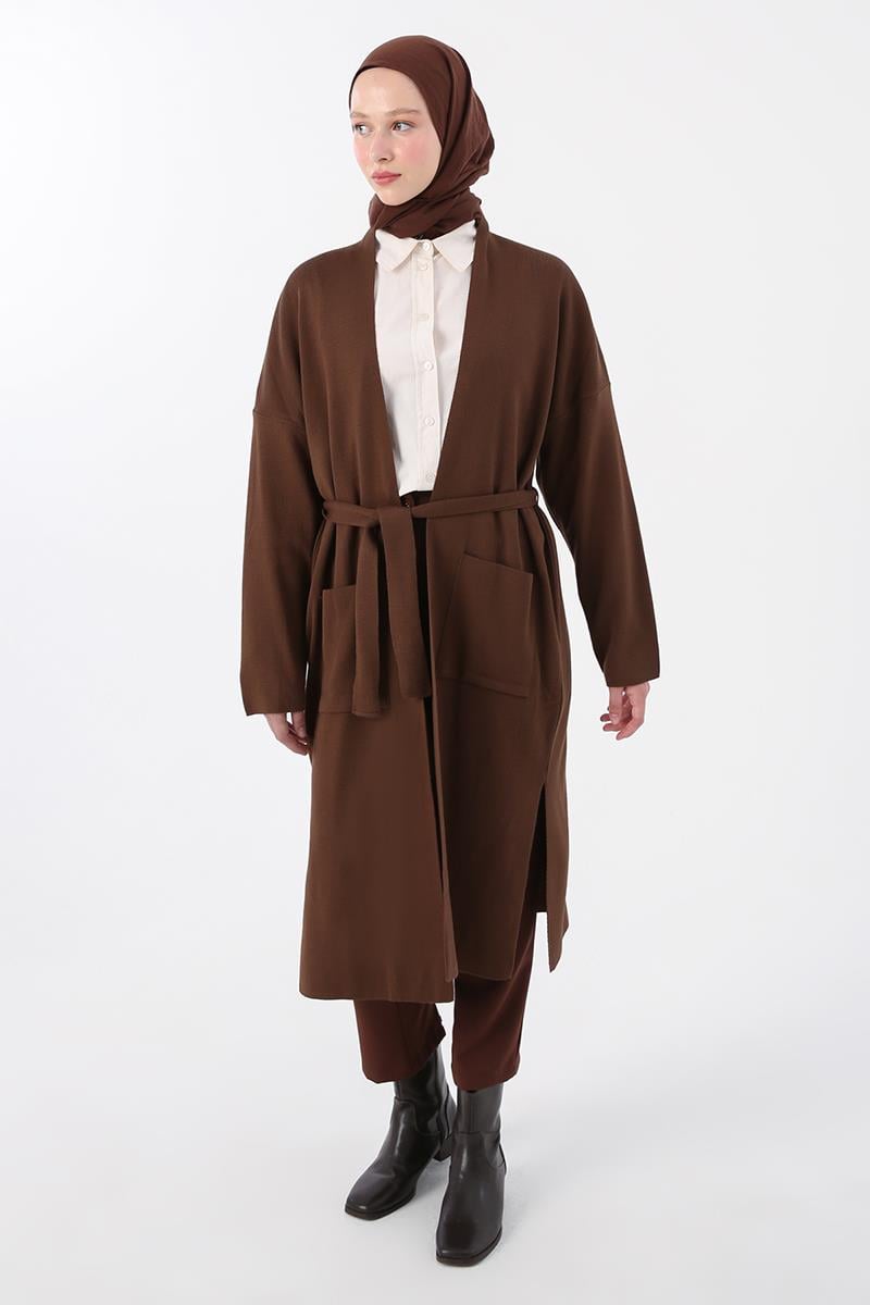 Belted Sweater Cardigan with Side Slits and Pockets