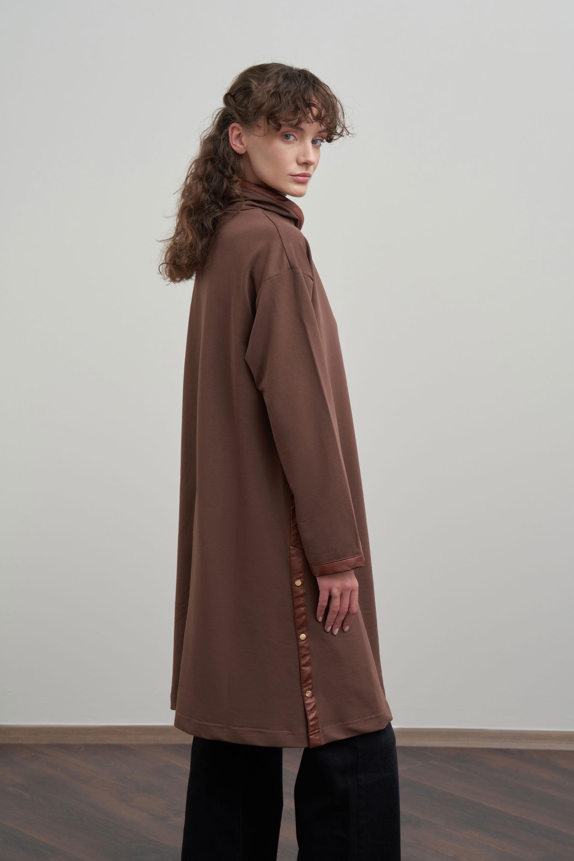 Kahve-Deri Biyeli Pamuklu Uzun Tunik