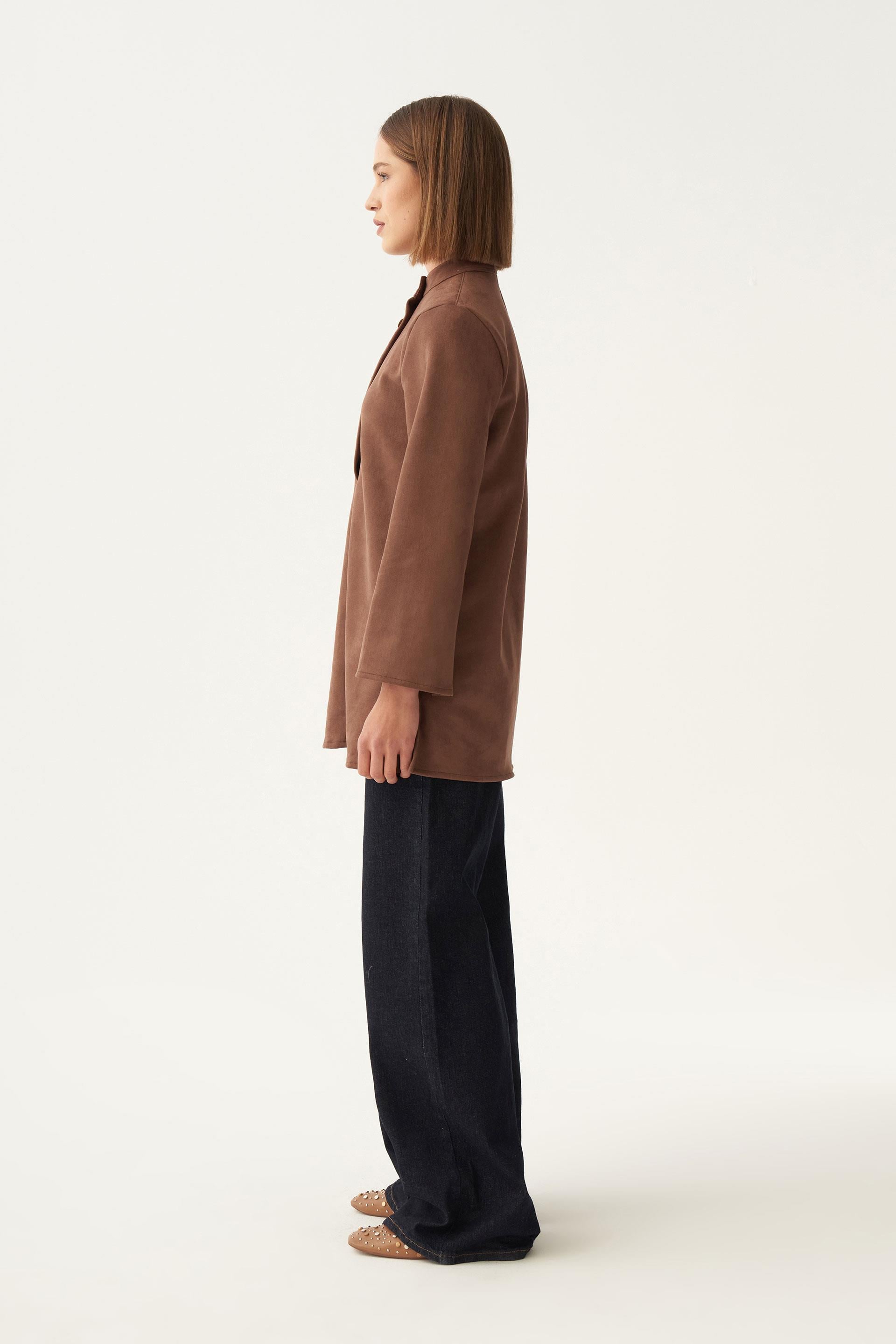 Kahve-Gold Düğmeli Süet Tunik