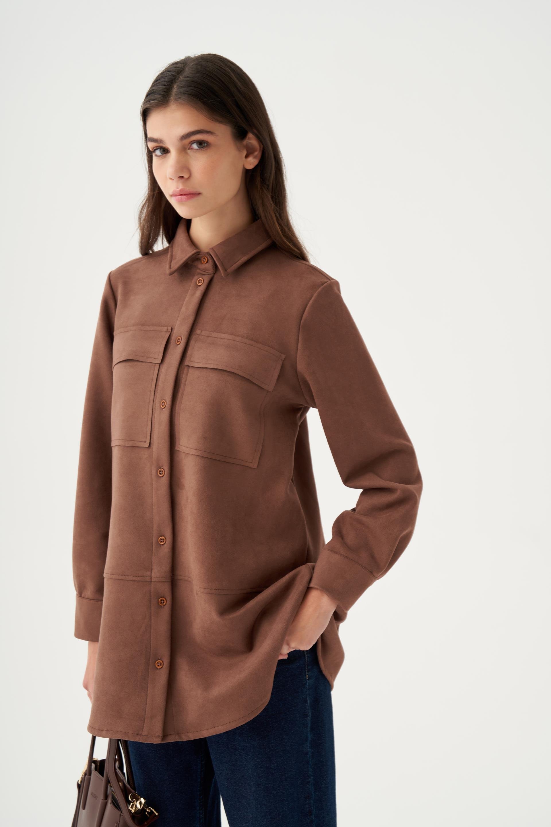 Kahve-Kapak Cepli Uzun Scuba Gömlek