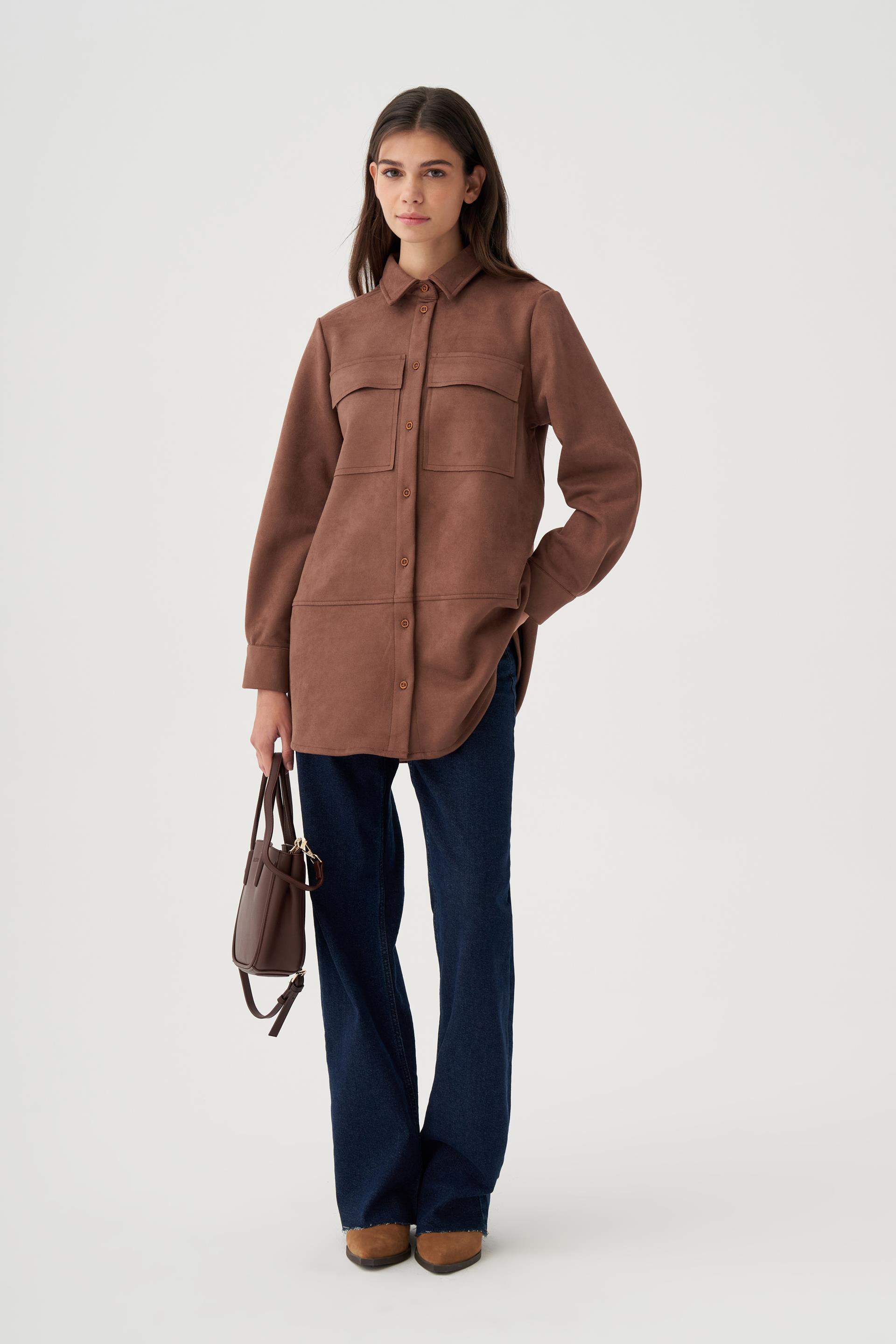 Kahve-Kapak Cepli Uzun Scuba Gömlek