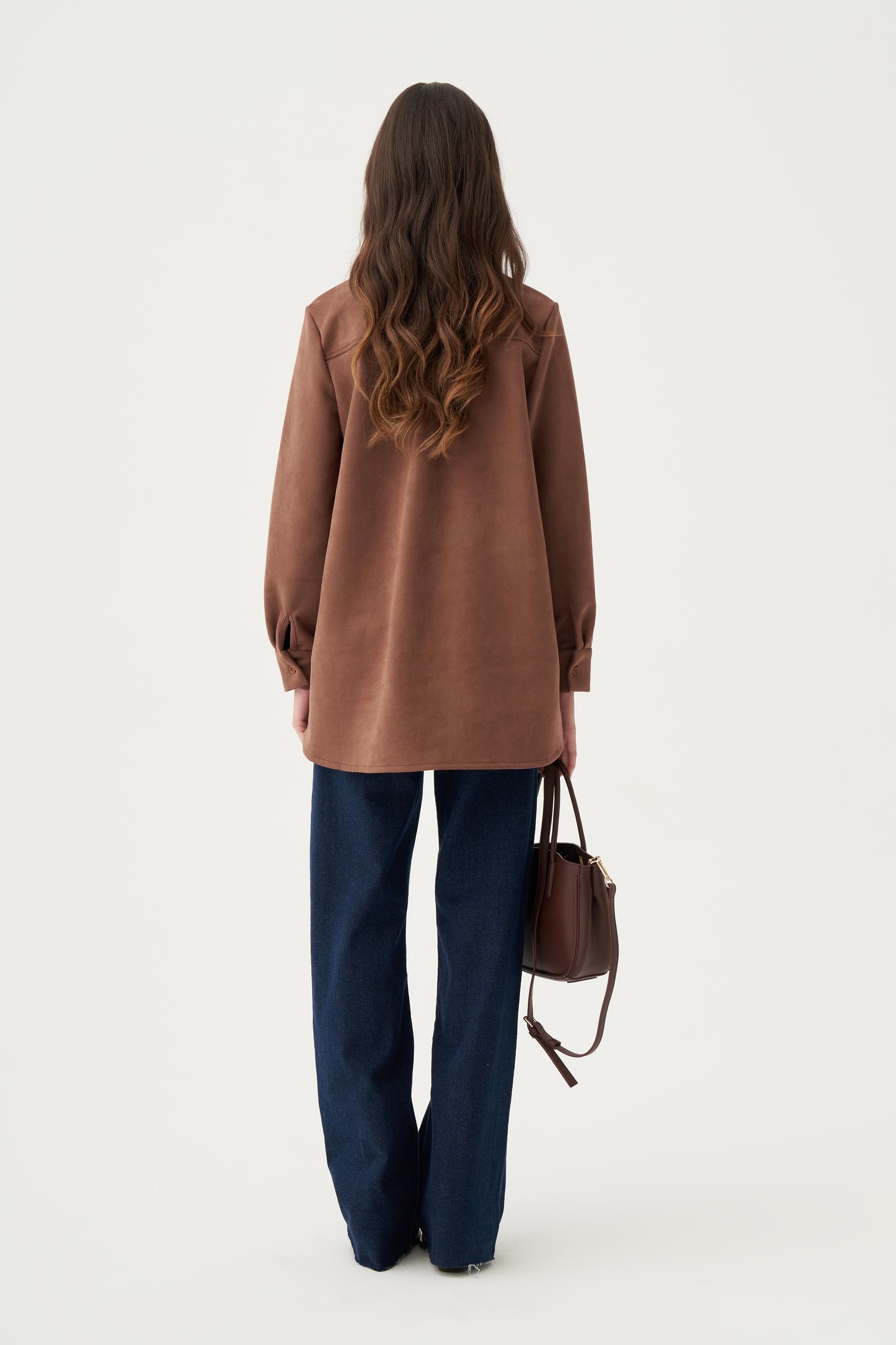 Kahve-Kapak Cepli Uzun Scuba Gömlek