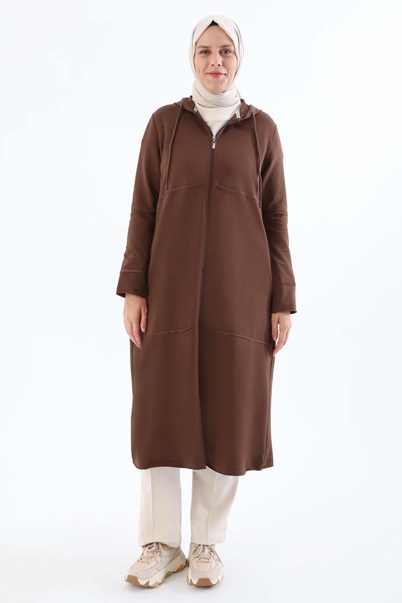 Kahve-Pis Dikişli Likralı Fermuarlı Hırka