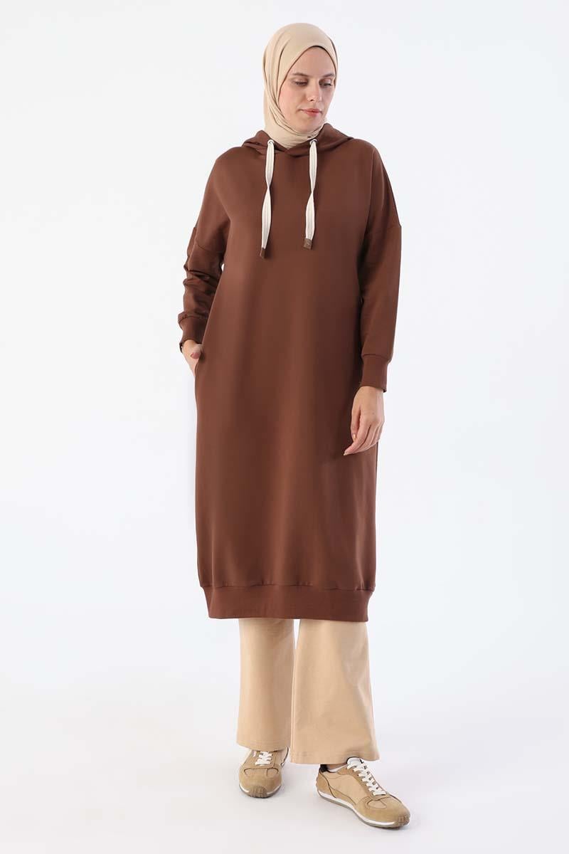 Kuşgözlü Kapüşonlu Cepli Sweat Tunik