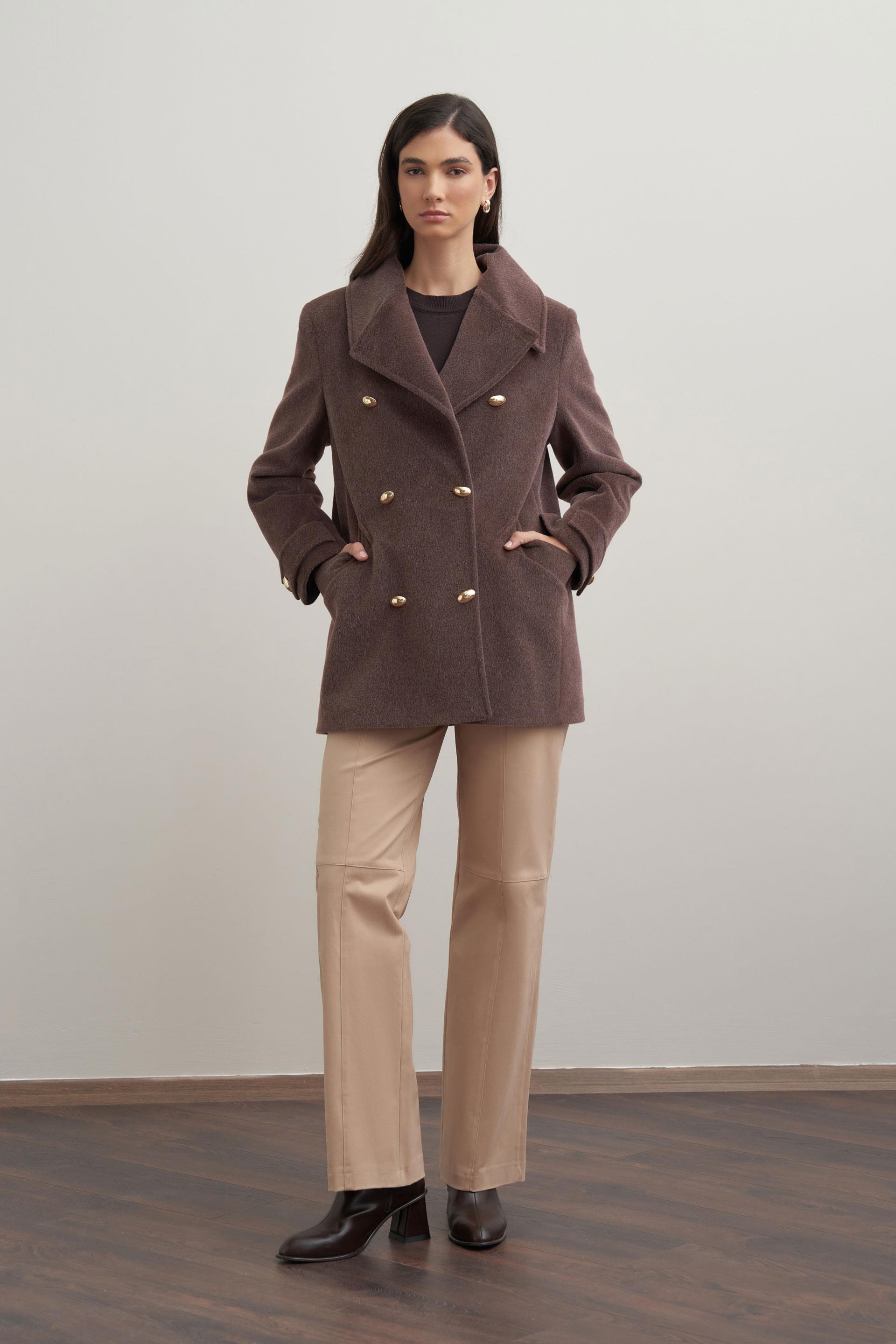 Kahve Melanj-Gold Dügmeli Kaşe Kaban