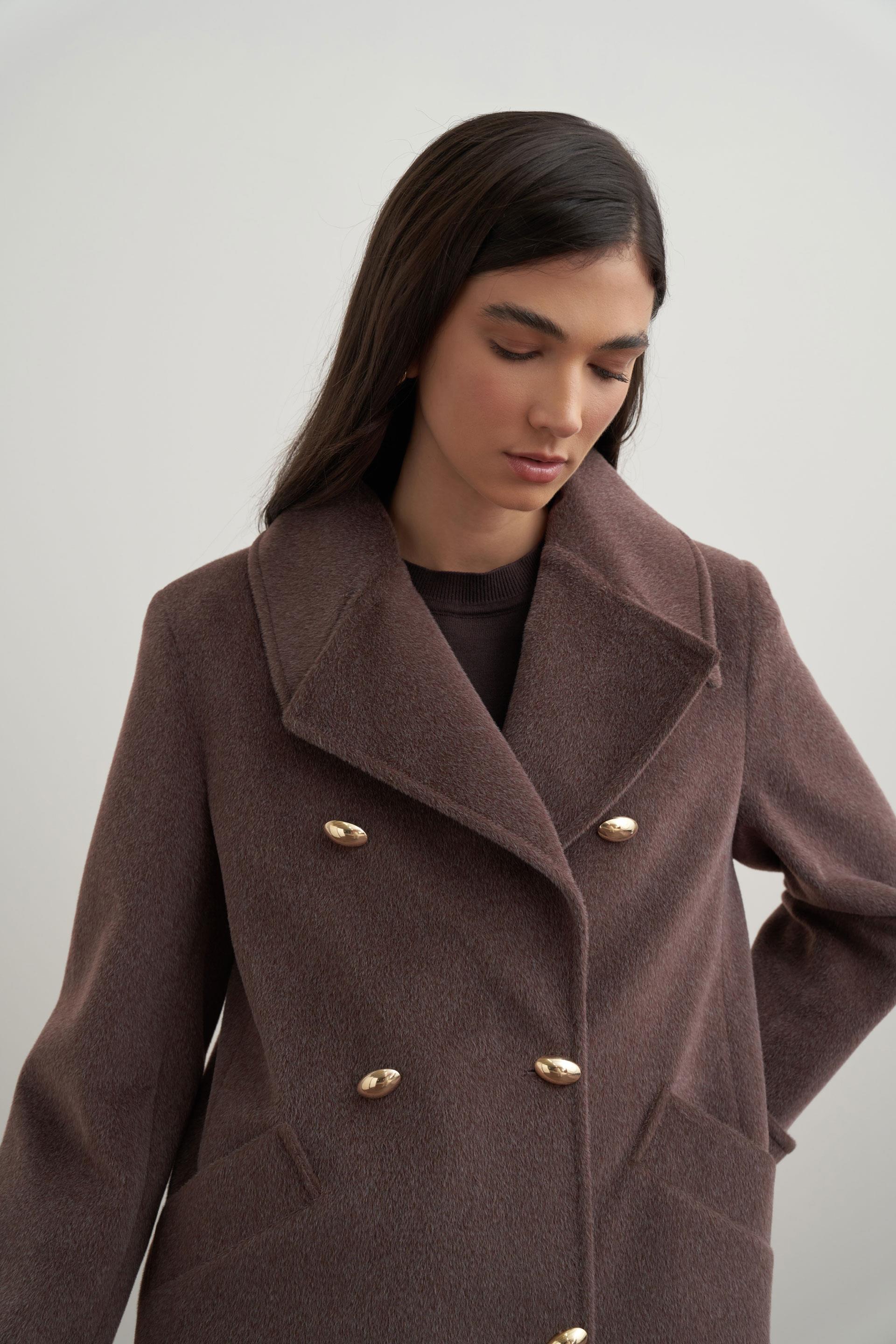 Kahve Melanj-Gold Dügmeli Kaşe Kaban