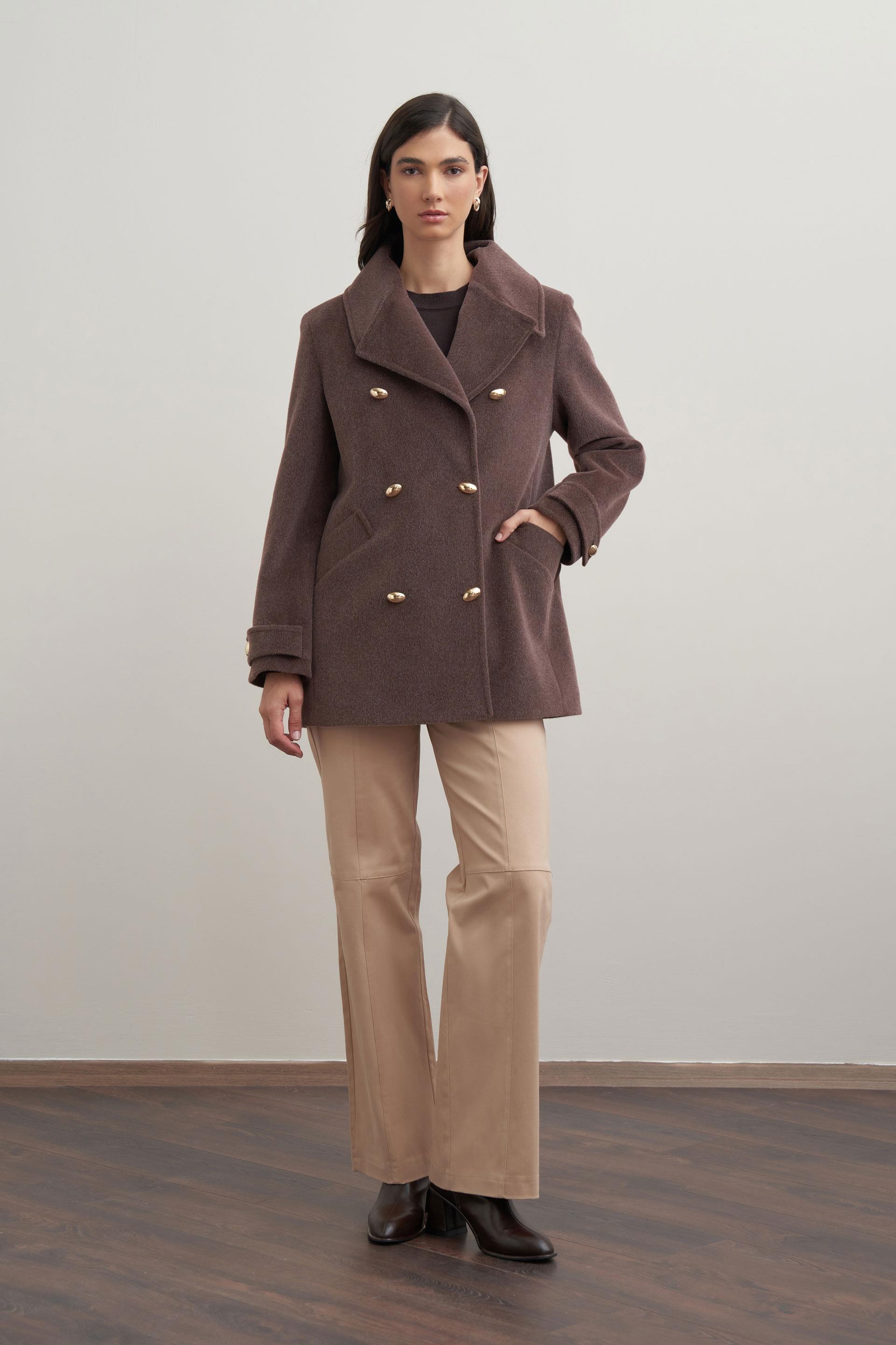 Kahve Melanj-Gold Dügmeli Kaşe Kaban