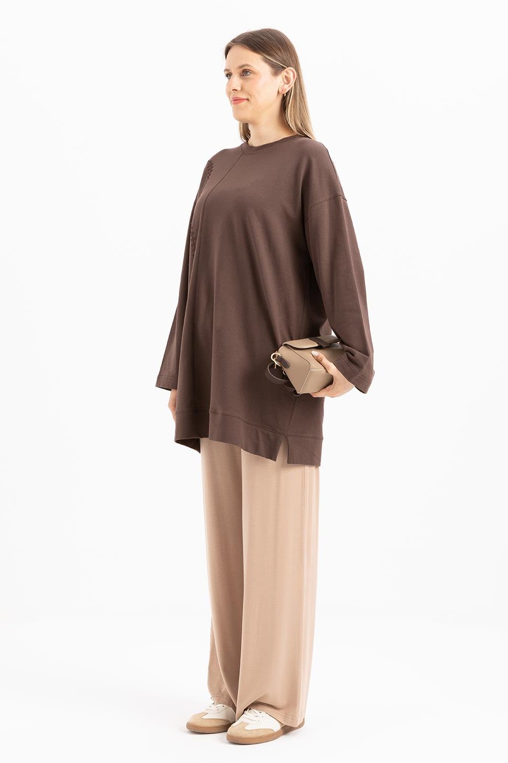 Kahve-Nakışlı Bisiklet Yaka Likralı Büyük Beden Tunik