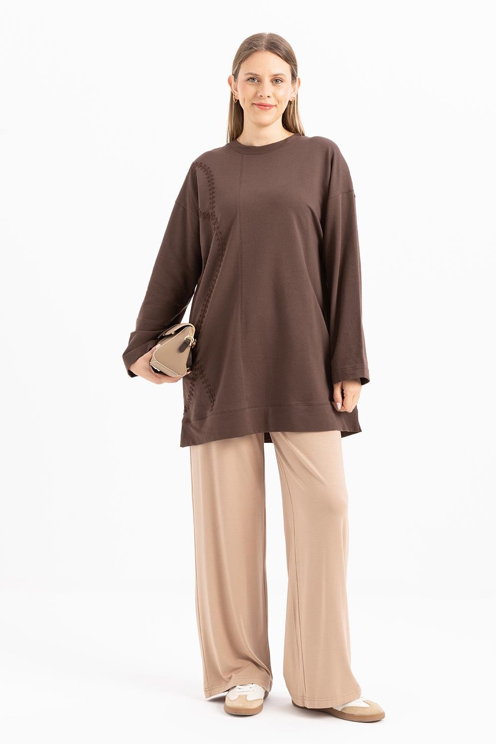 Kahve-Nakışlı Bisiklet Yaka Likralı Büyük Beden Tunik