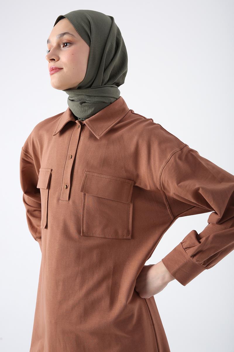 Cotton Covered Pocket Glitter Stitching Detailed Half-Pleat Tunic