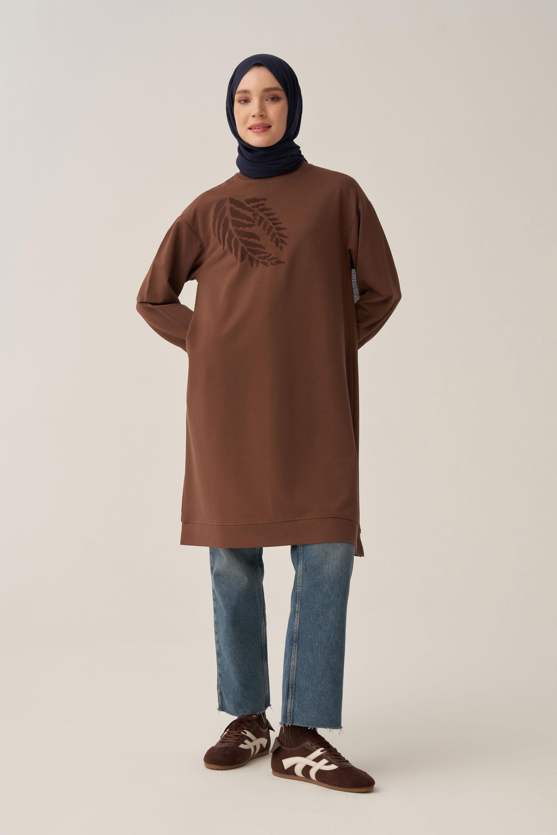 Kahve-Pamuklu Nakışlı Uzun Tunik