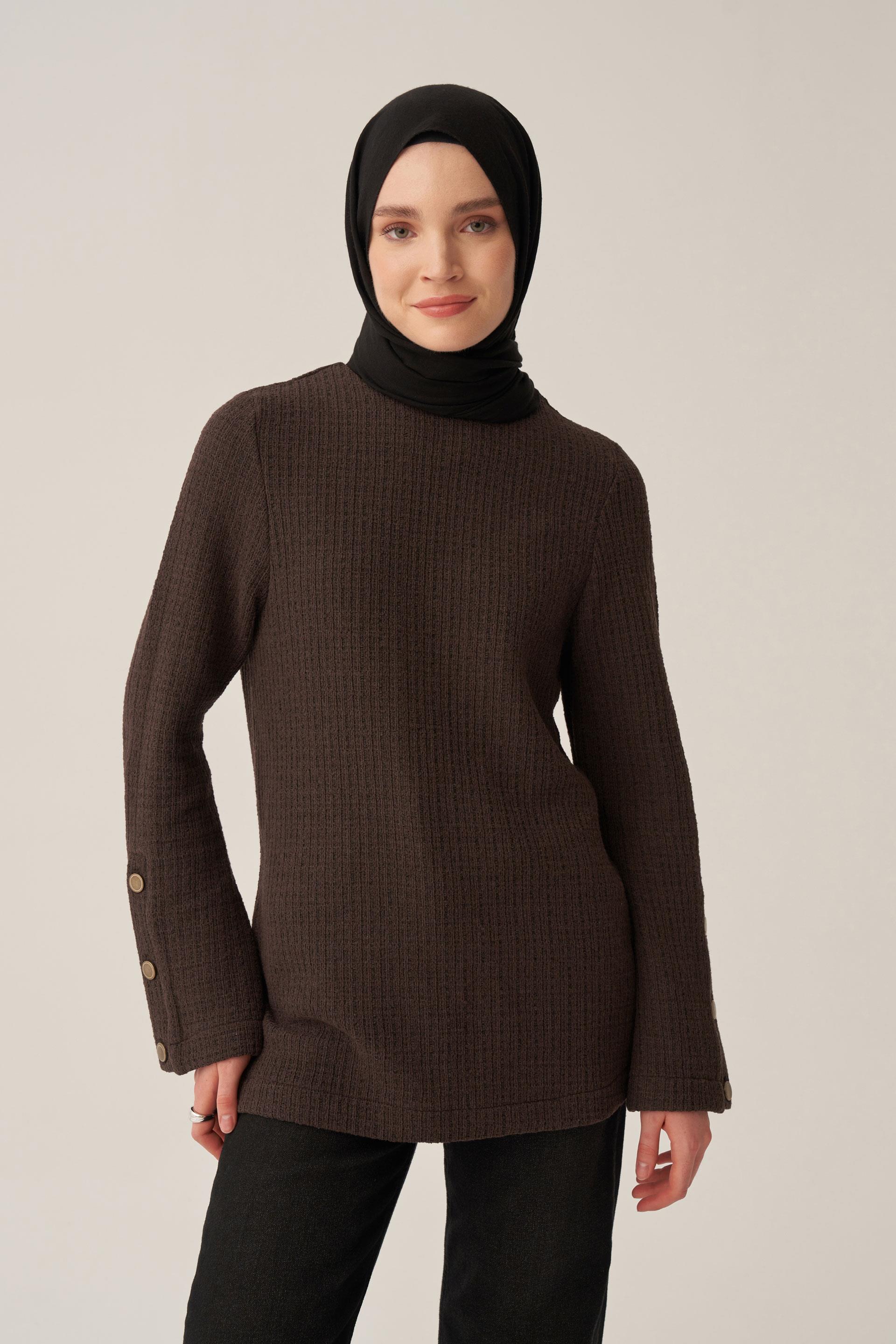 Kahve-Triko Efektli Bluz