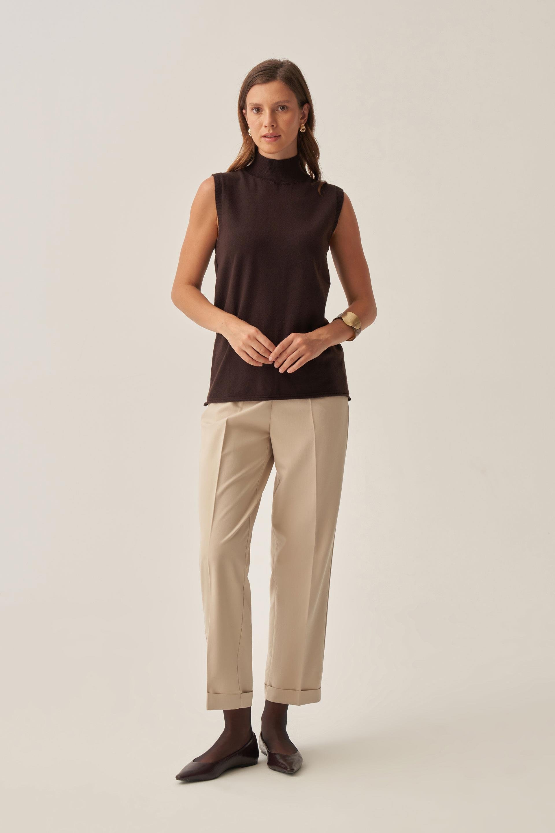 Kahve-Yarım Balıkçı Kolsuz Kazak