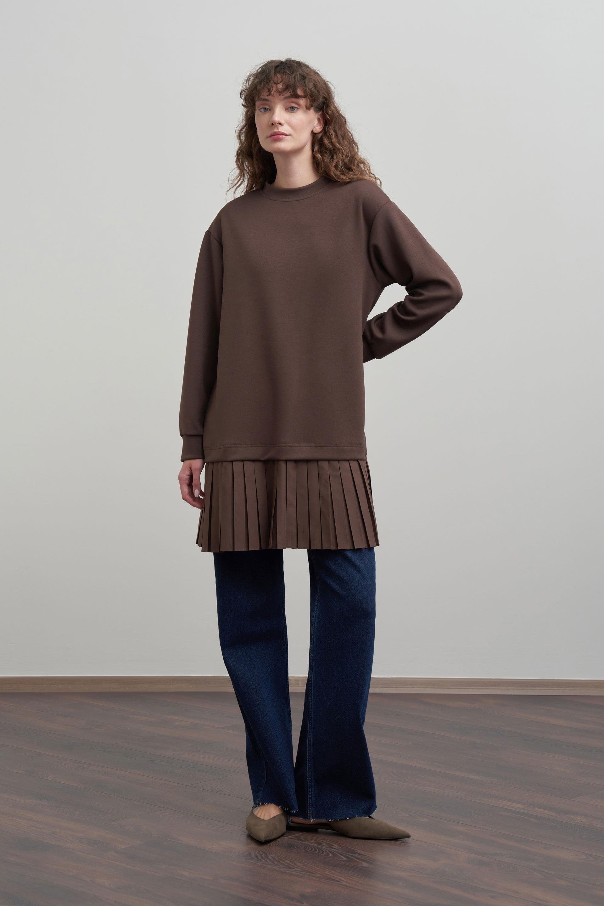 Kahve-Yumuşak Dokulu Pliseli Detaylı Tunik