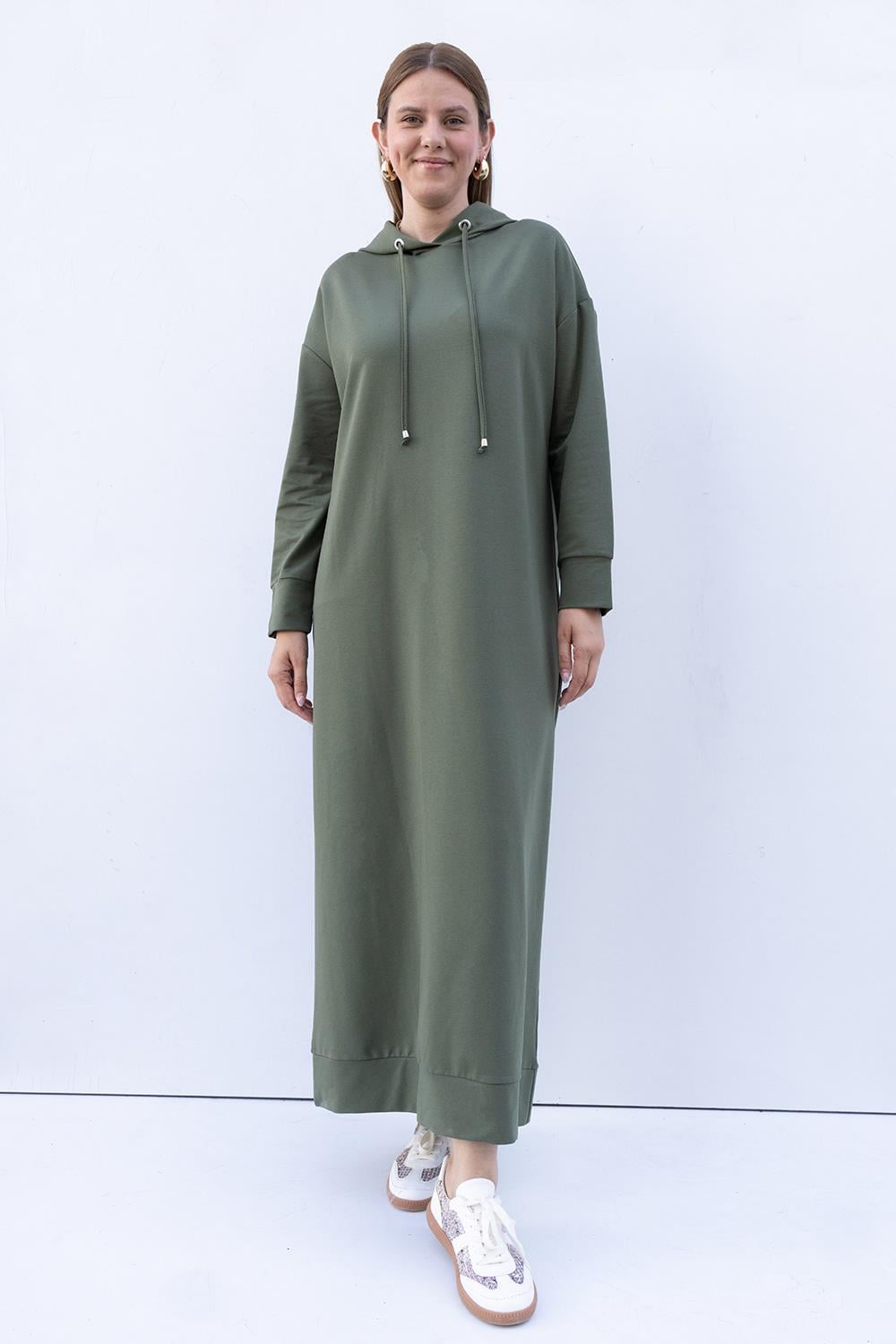 Kapüşonlu Likralı Örme Elbise