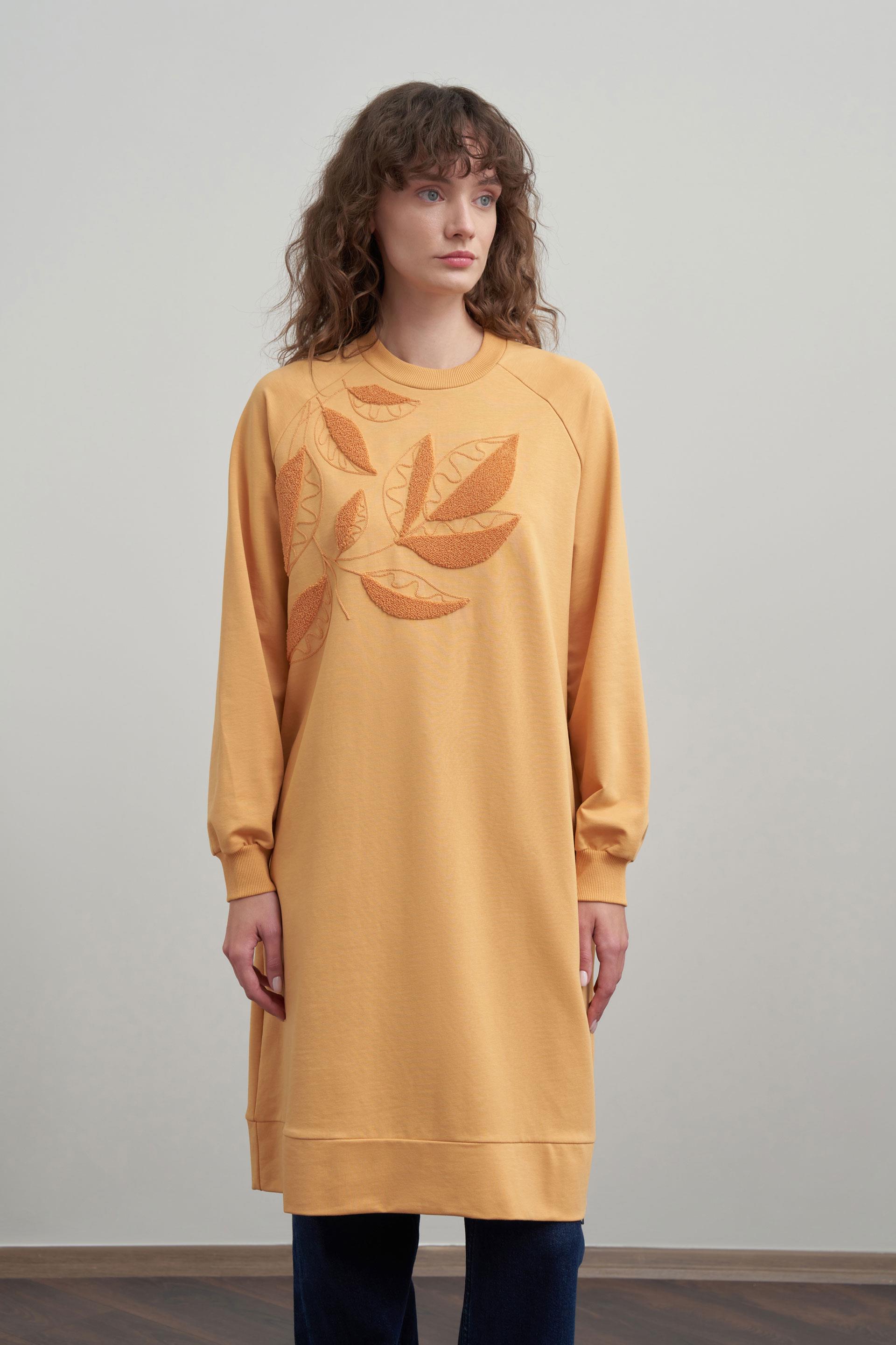 Kirli Sarı-Pamuklu Yaprak Desenli Tunik