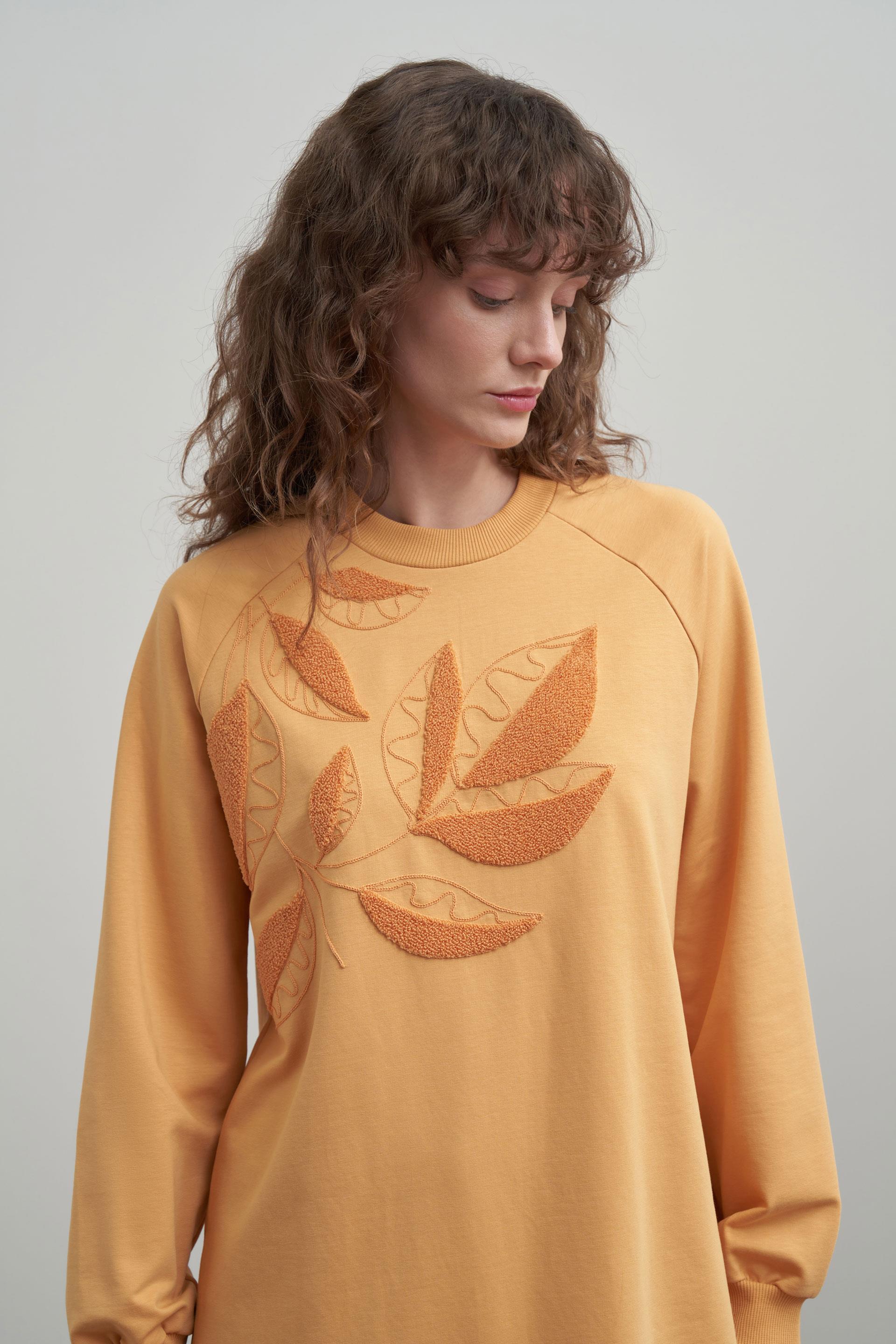 Kirli Sarı-Pamuklu Yaprak Desenli Tunik