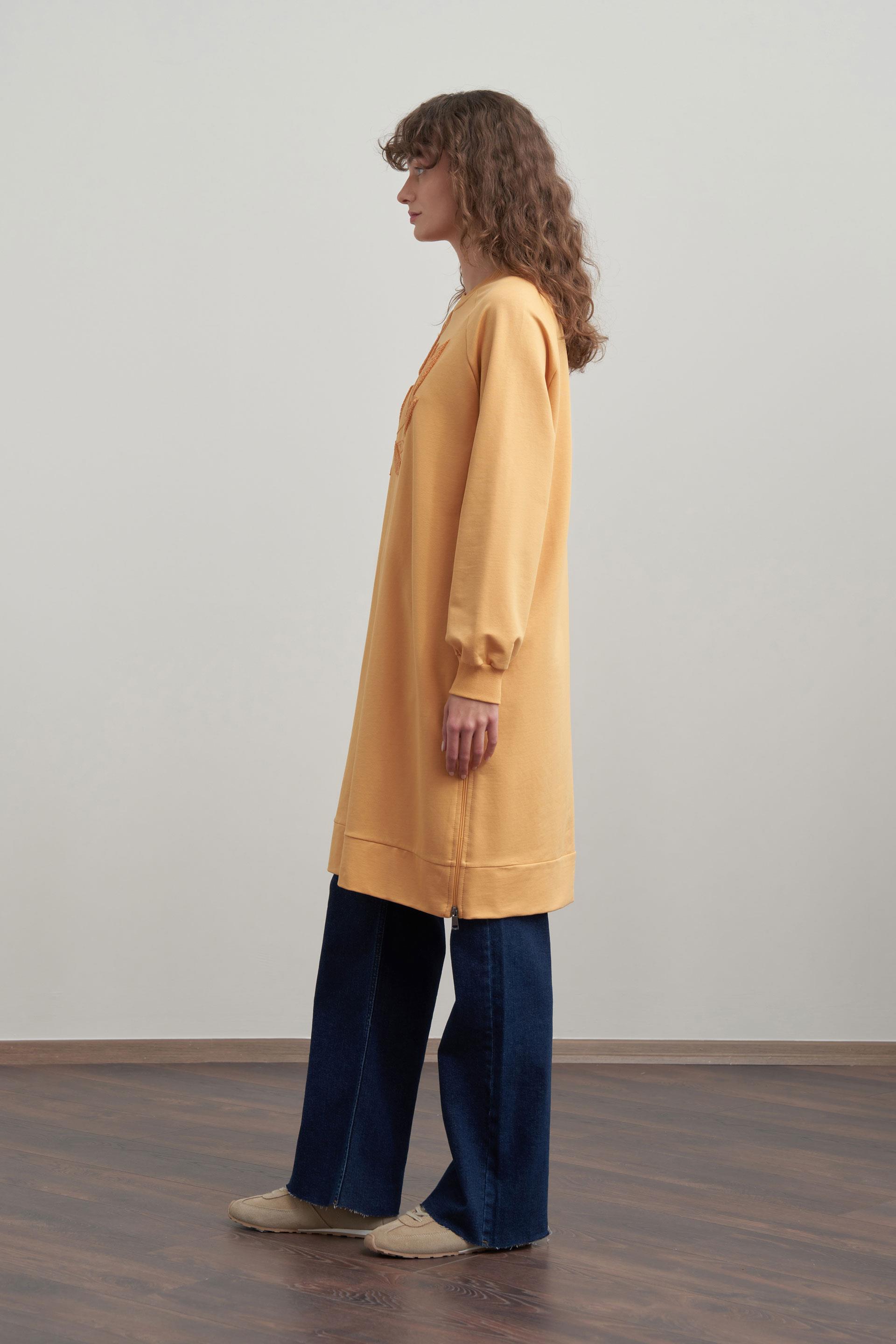 Kirli Sarı-Pamuklu Yaprak Desenli Tunik