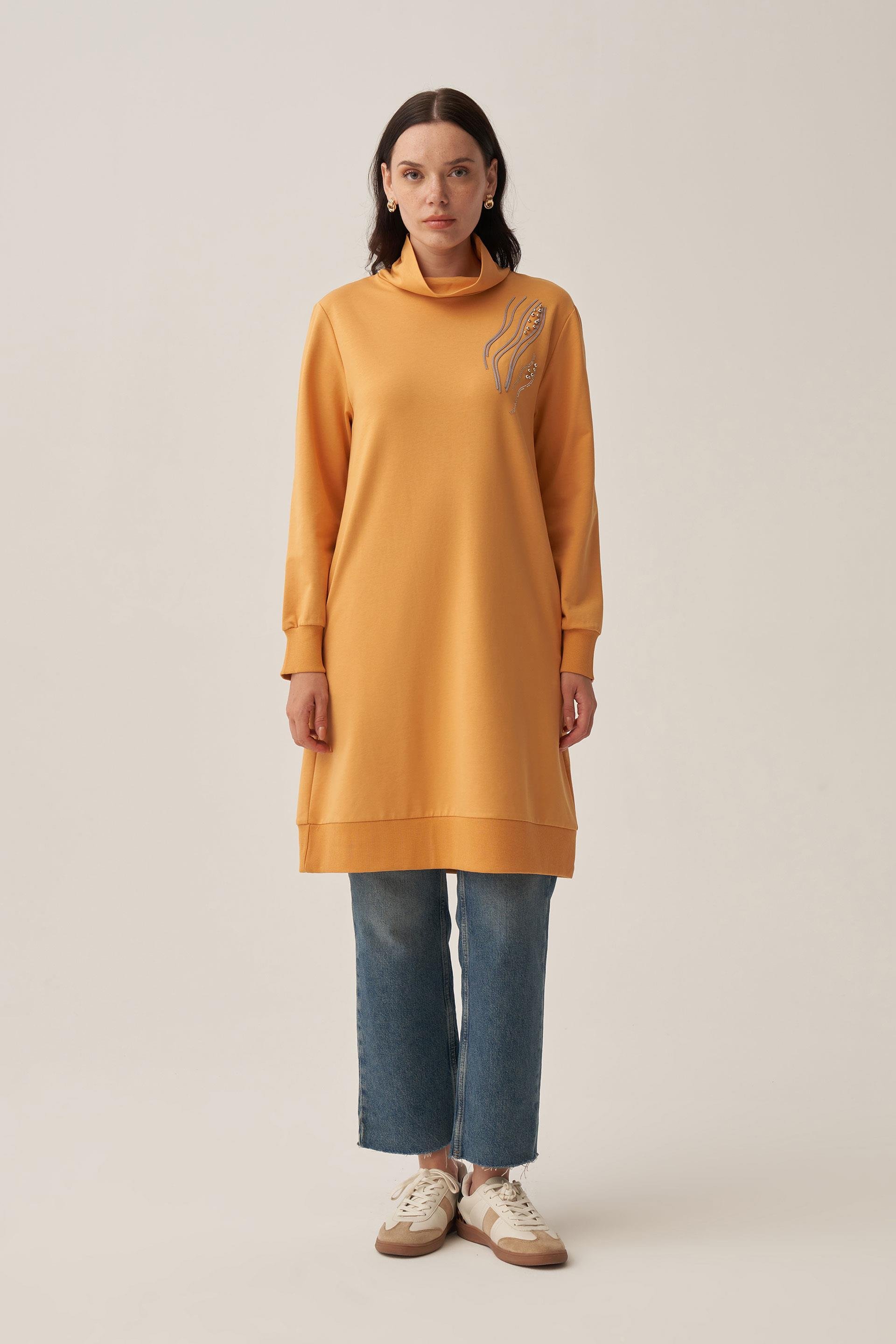 Kirli Sarı-Taş İşlemeli Pamuklu Tunik