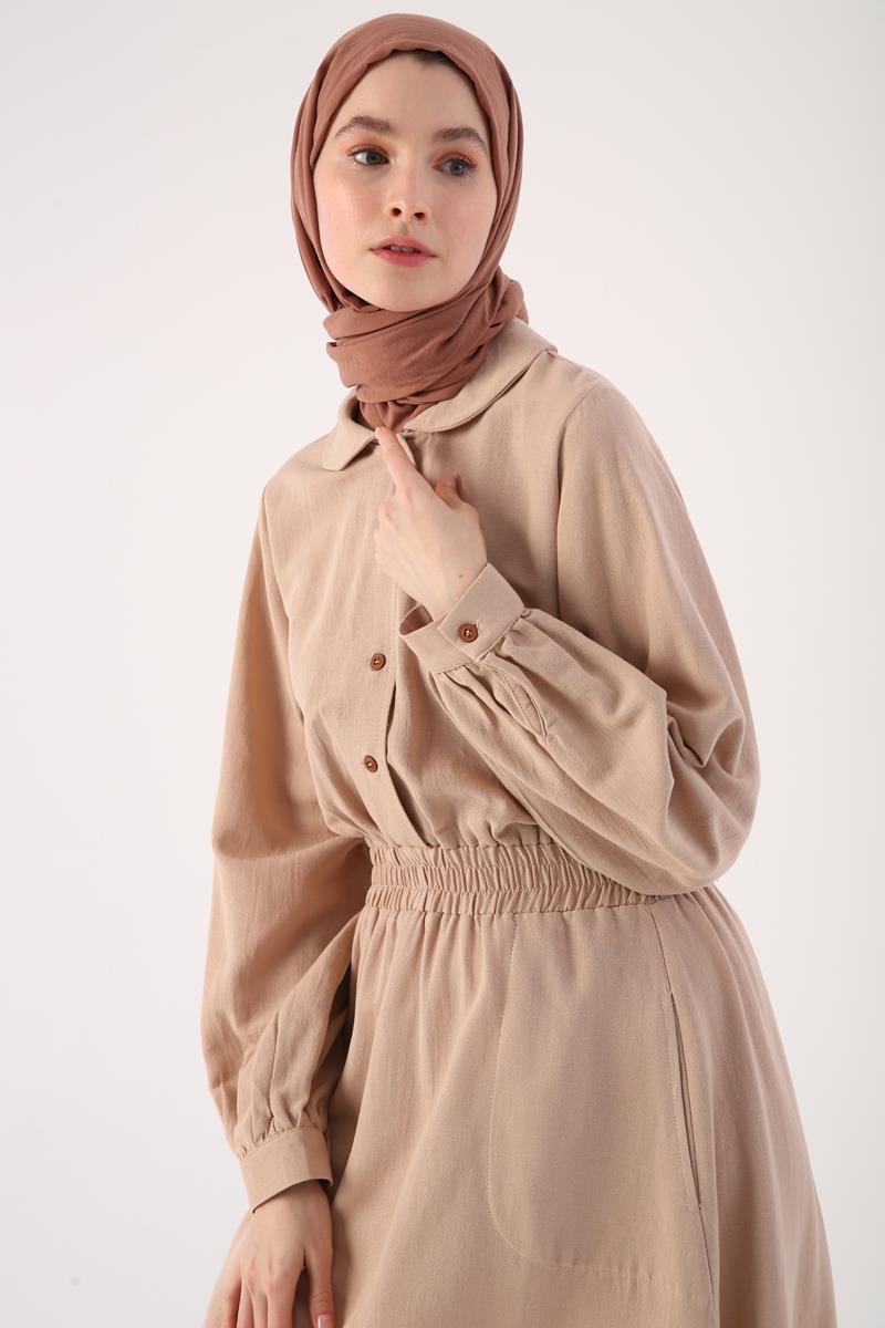 Baby Collar Elastic Waist Viscose Linen Dress