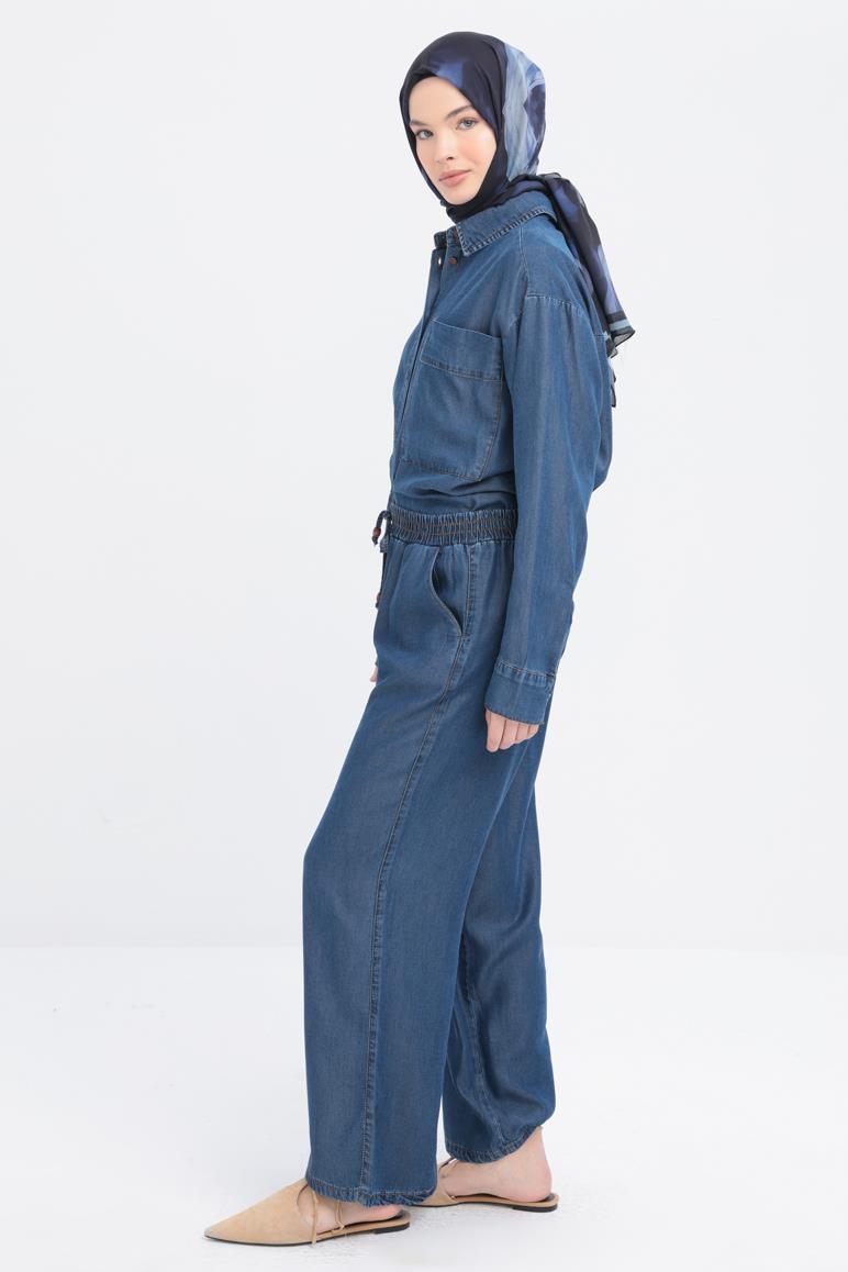 Koyu Mavi-Beli Lastikli Denim Pantolon