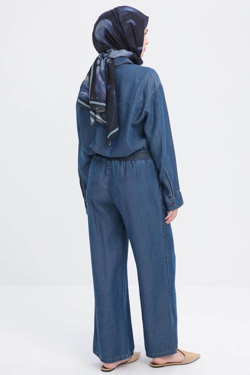 Koyu Mavi-Beli Lastikli Denim Pantolon