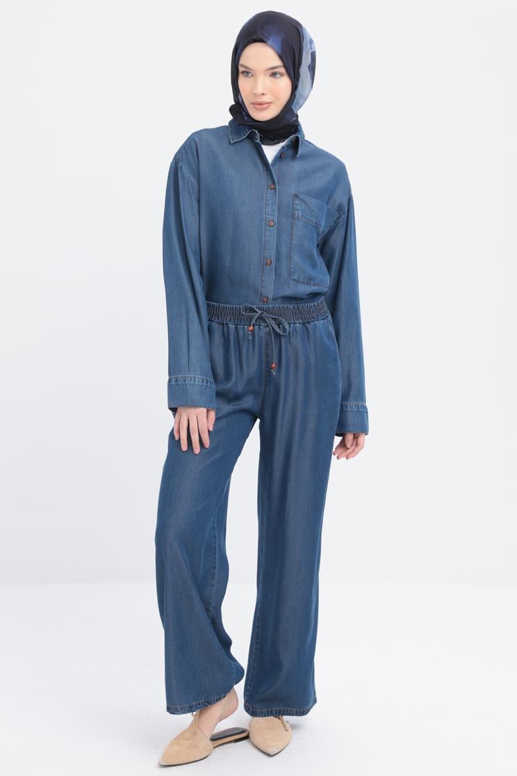 Koyu Mavi-Beli Lastikli Denim Pantolon