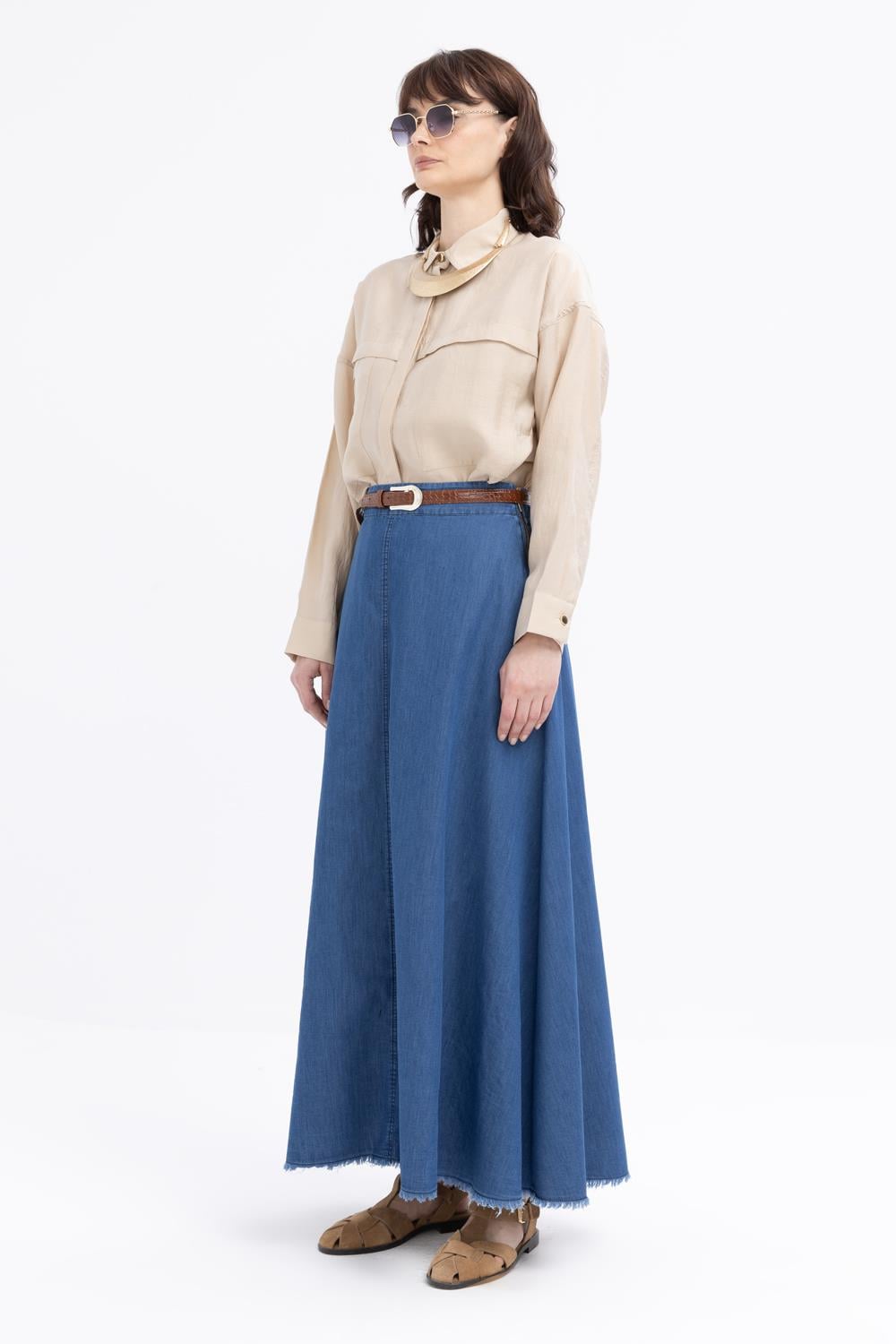 Koyu Mavi-Beli Lastikli Saçaklı Etek