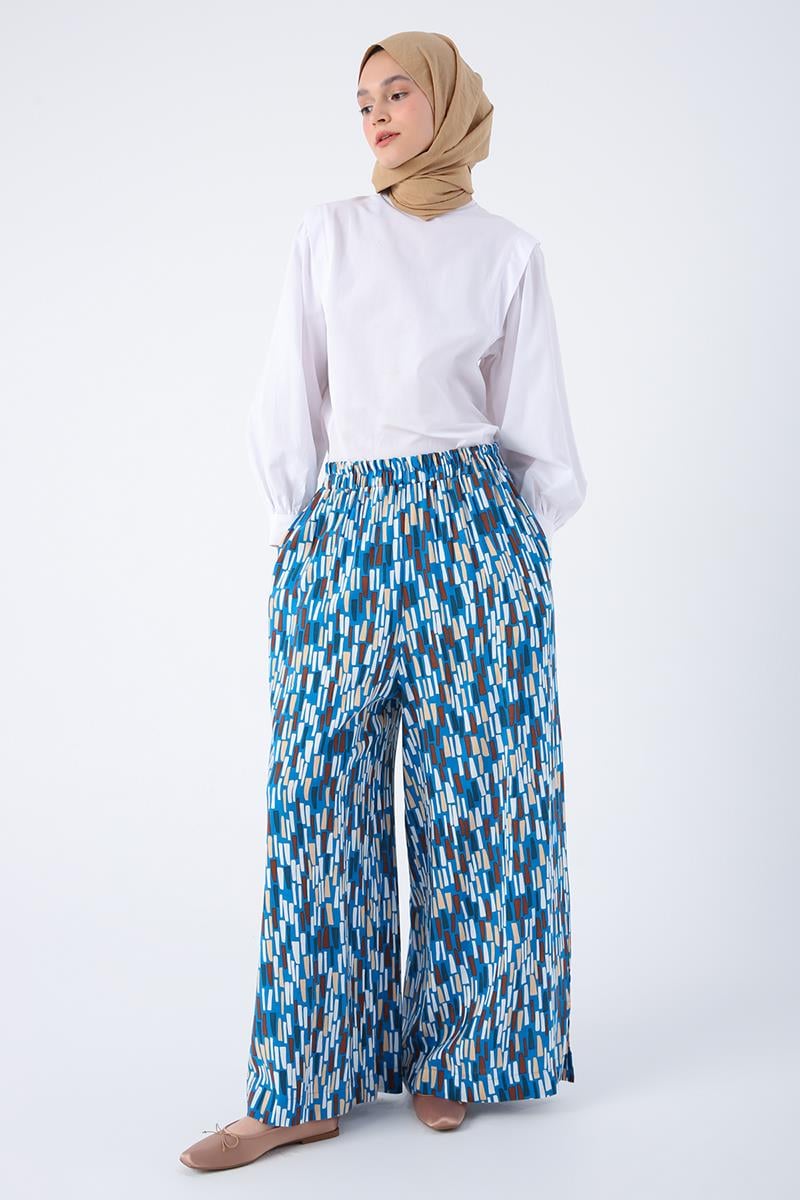 Printed Wide Leg Viscose Linen Trousers With Slit Legs and Elastic Waist