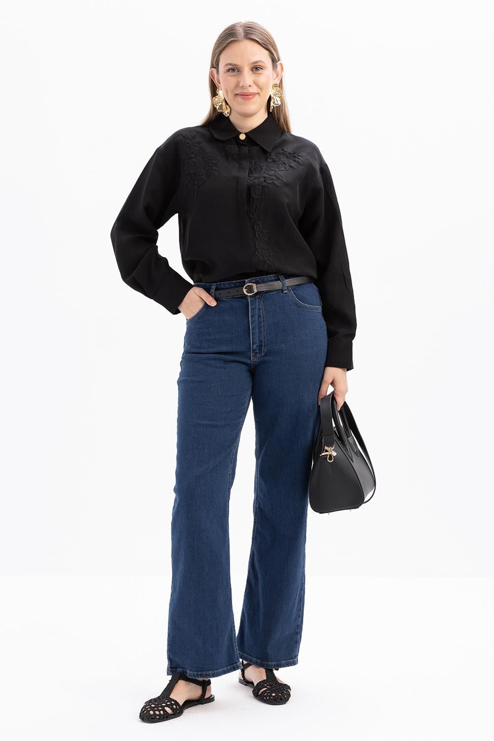 Koyu Mavi-Geniş Paça Denim Pantolon