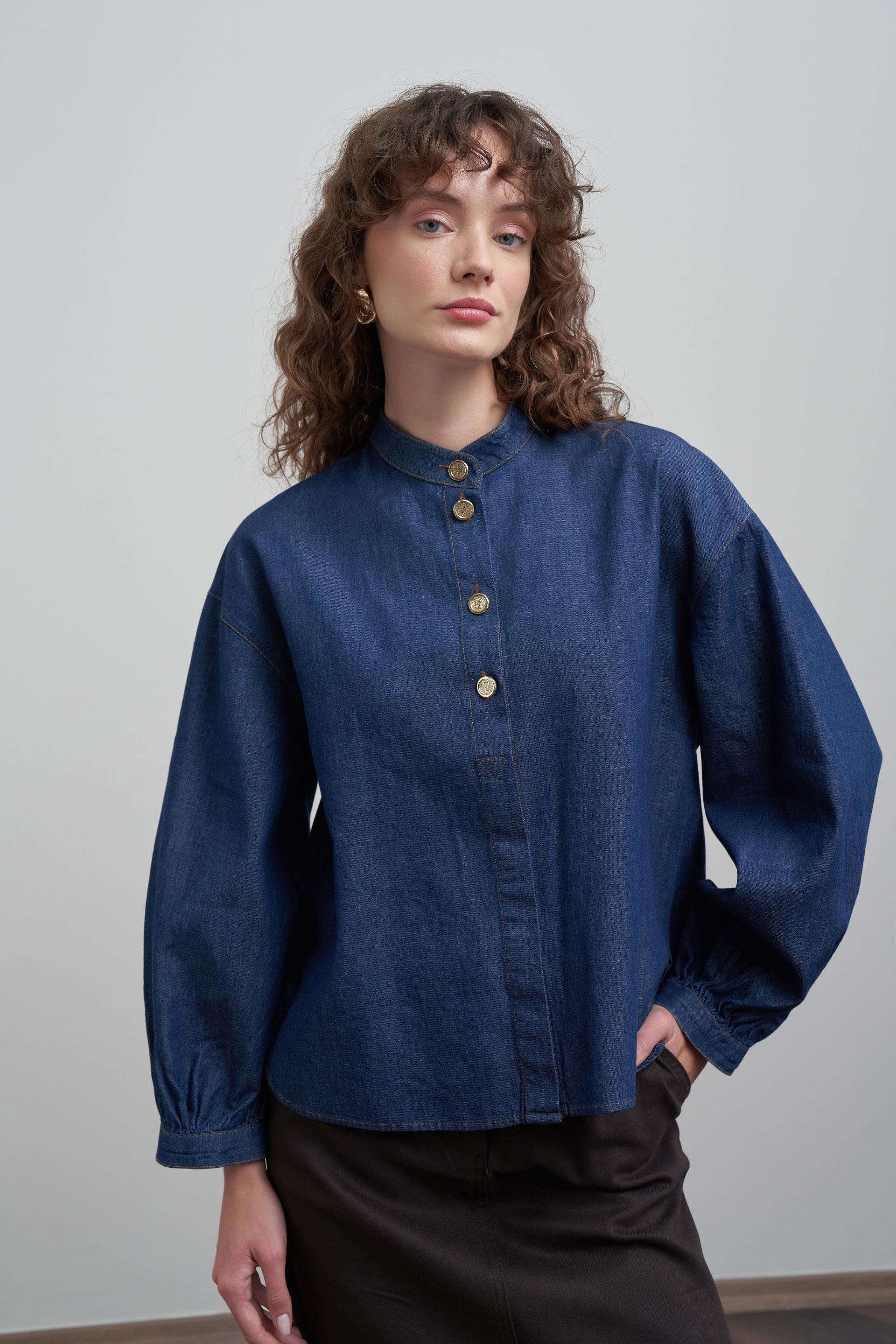 Koyu Mavi-Gold Dügmeli Denim Gömlek