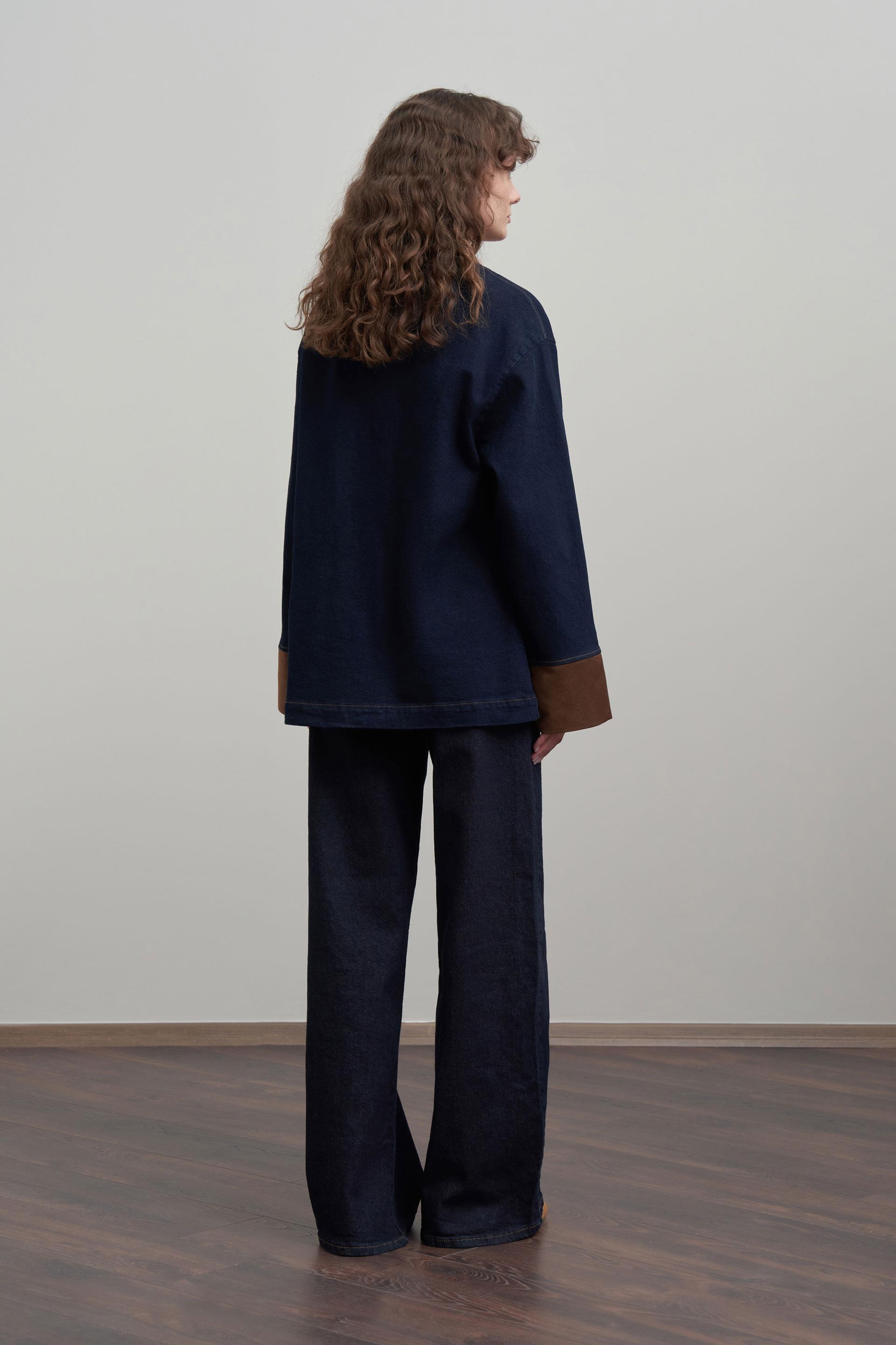 Koyu Mavi-Süet Garnili Denim Ceket