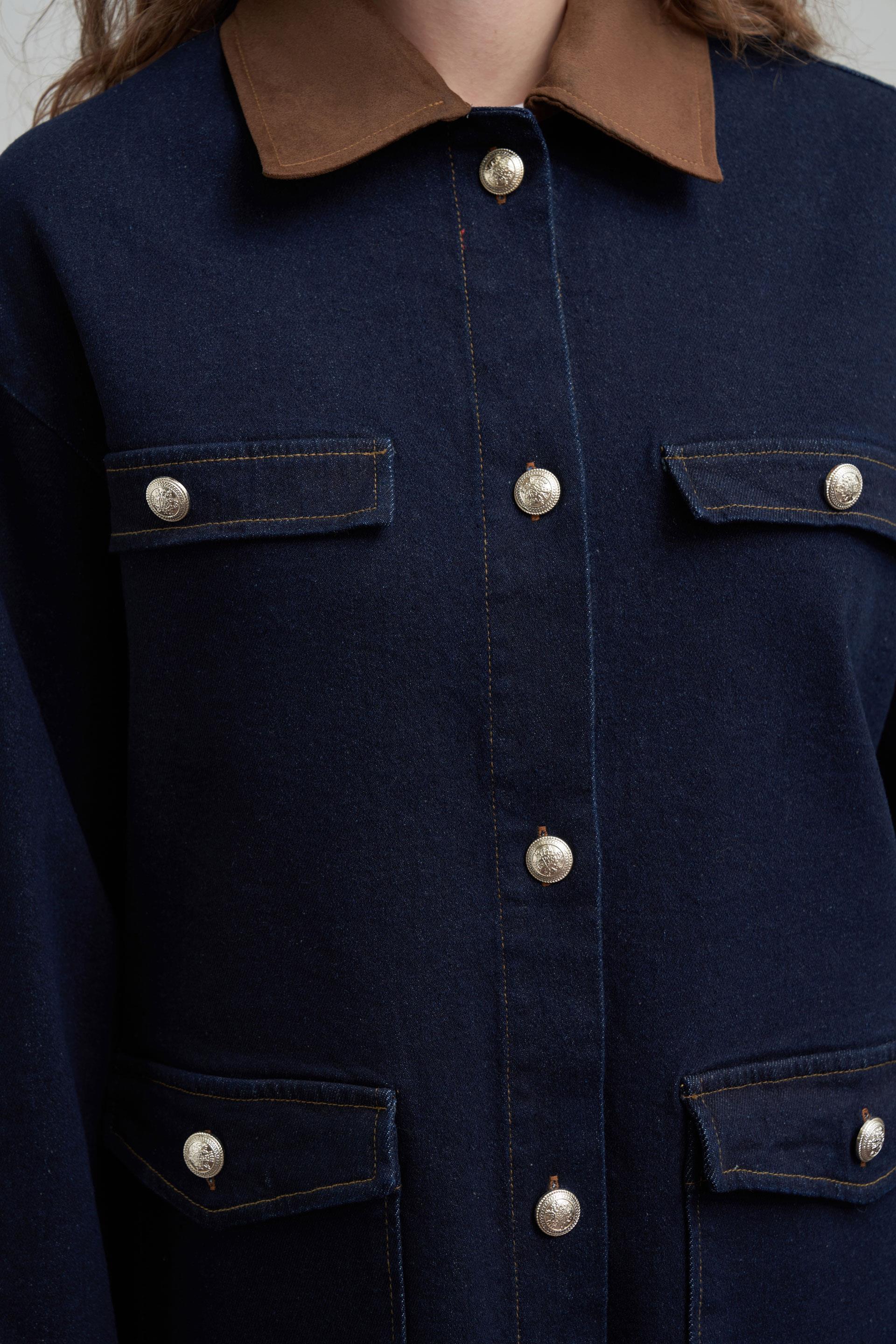 Koyu Mavi-Süet Garnili Denim Ceket