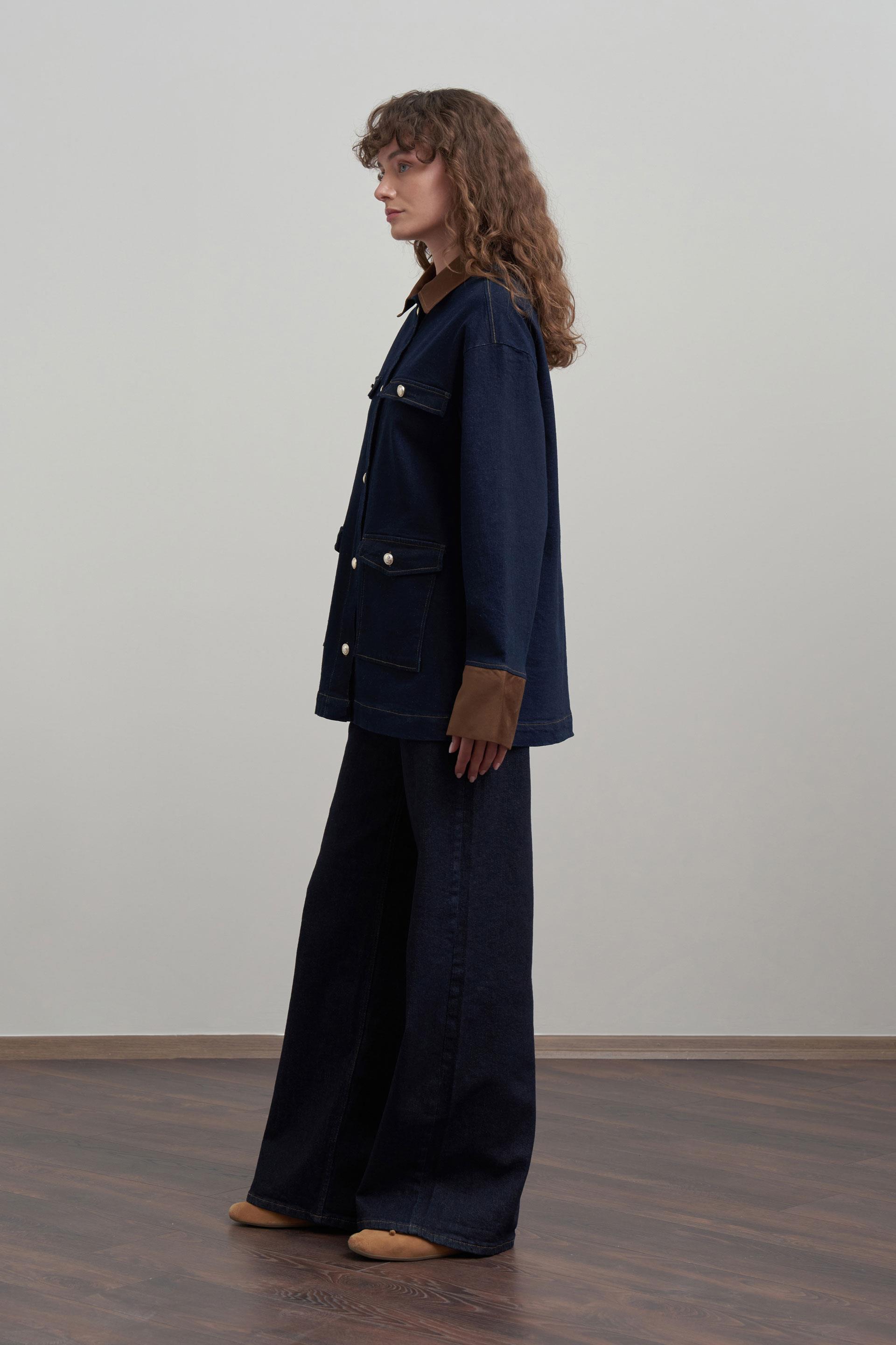 Koyu Mavi-Süet Garnili Denim Ceket