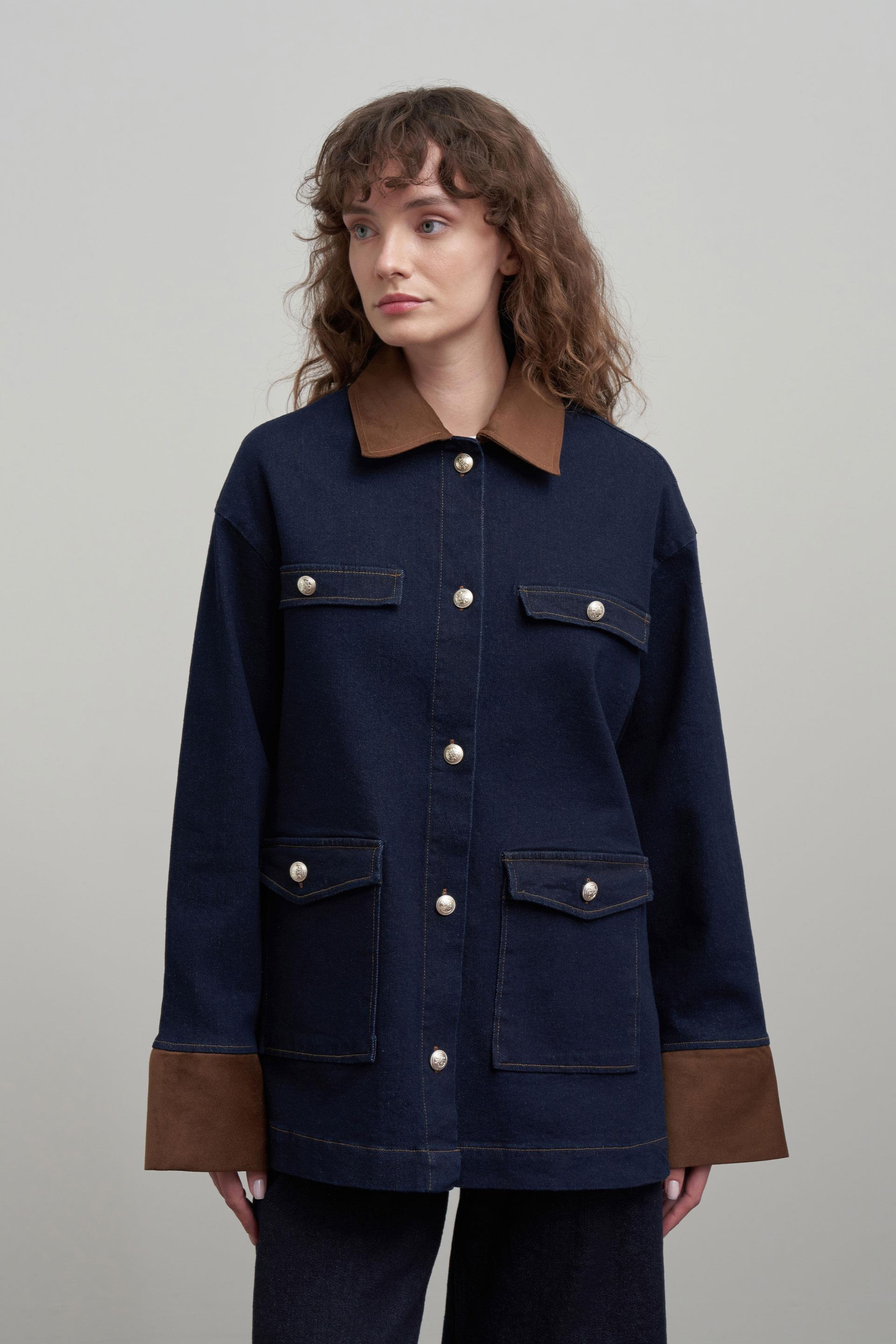 Koyu Mavi-Süet Garnili Denim Ceket