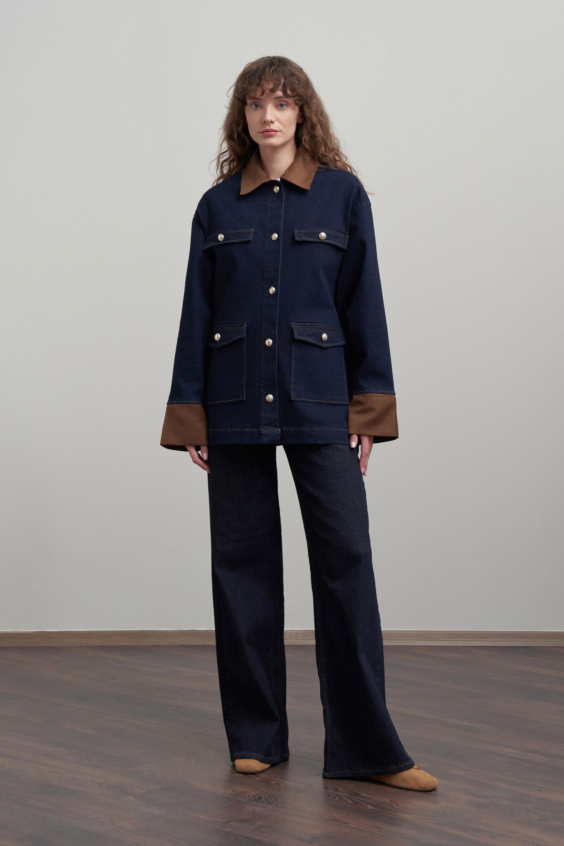 Koyu Mavi-Süet Garnili Denim Ceket