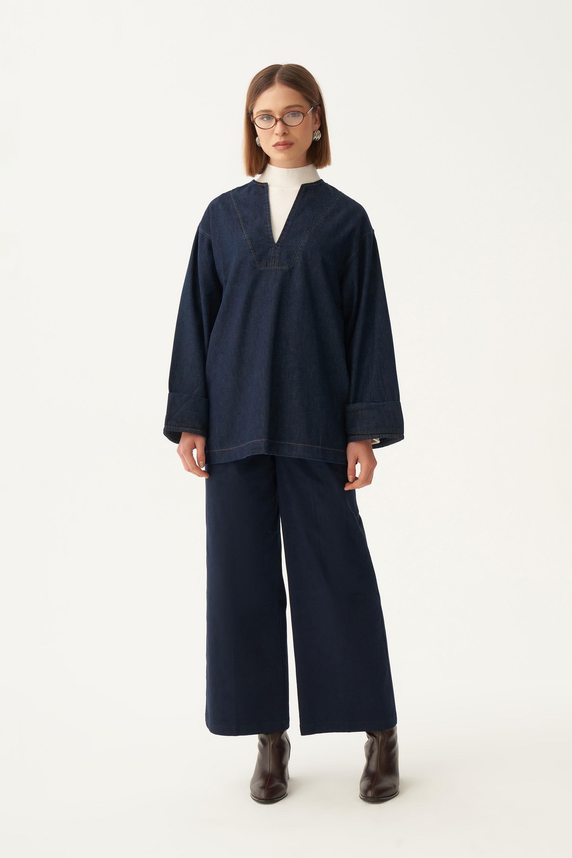 Koyu Mavi-V Yaka Denim Gömlek Tunik