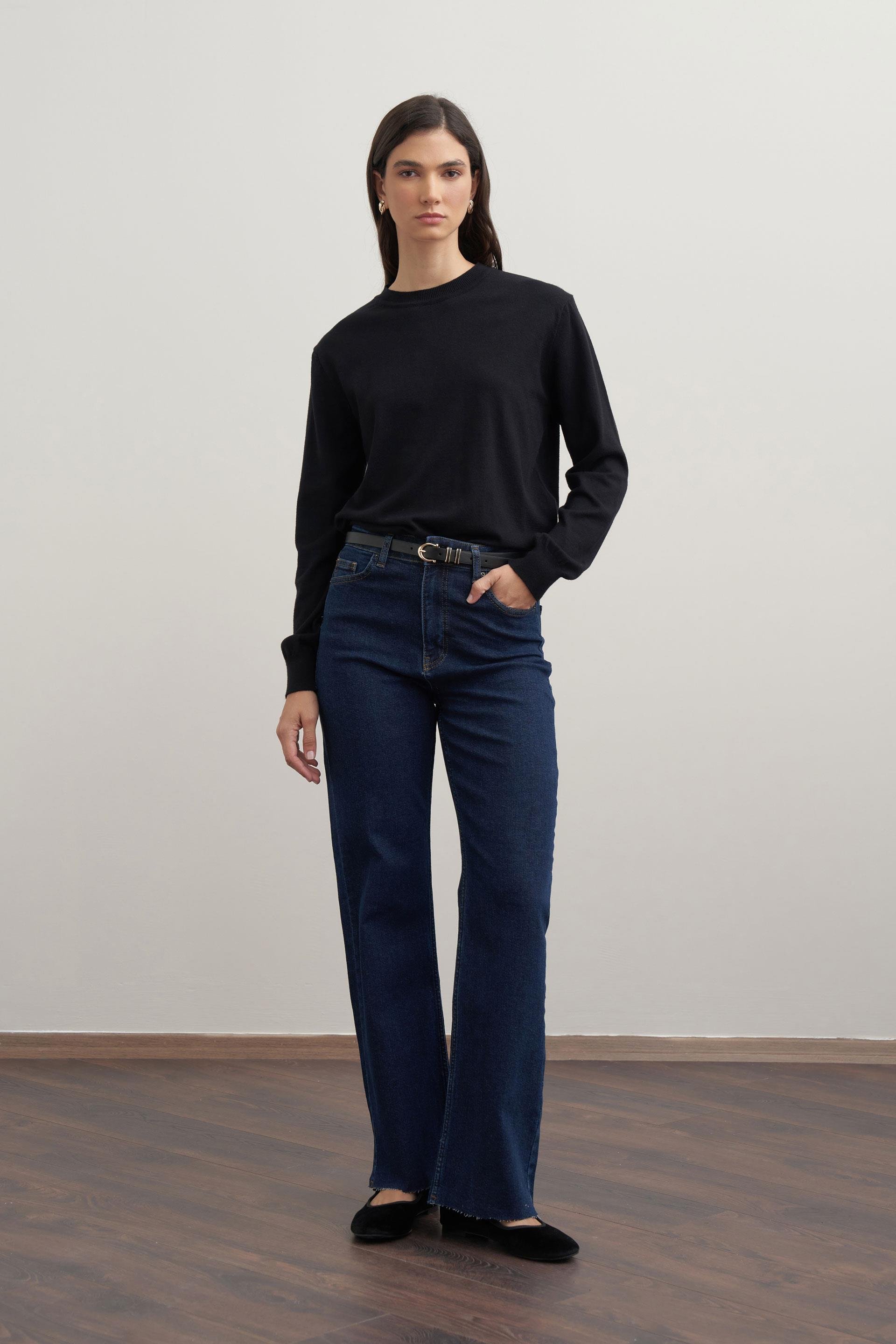 Koyu Mavi-Yüksek Bel Geniş Paça Kot Pantolon