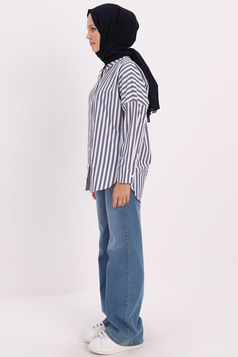 Lacivert-Beyaz-Oversize Basic Gömlek