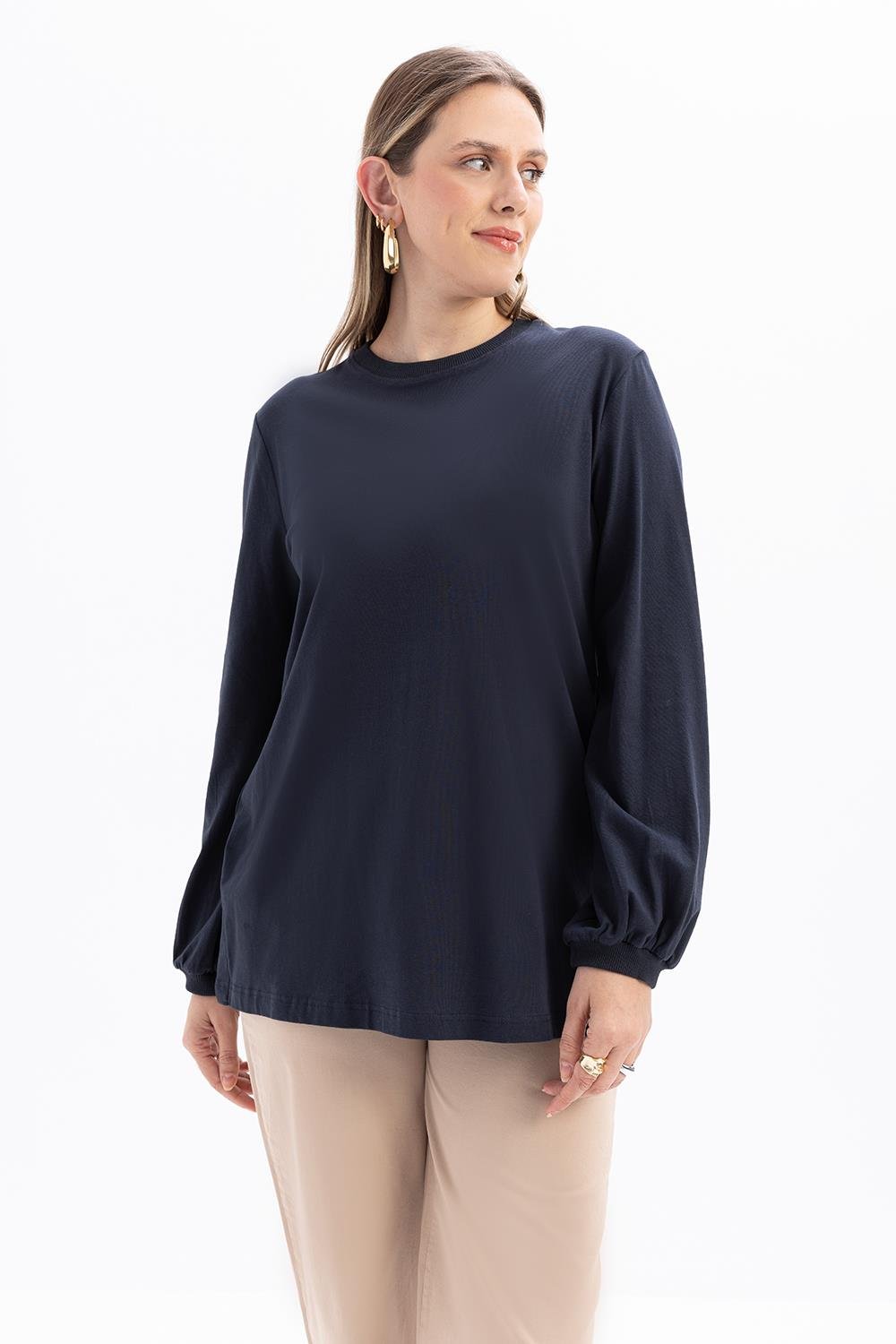 Crew Neck Sleeve End Pleated Cotton Blouse